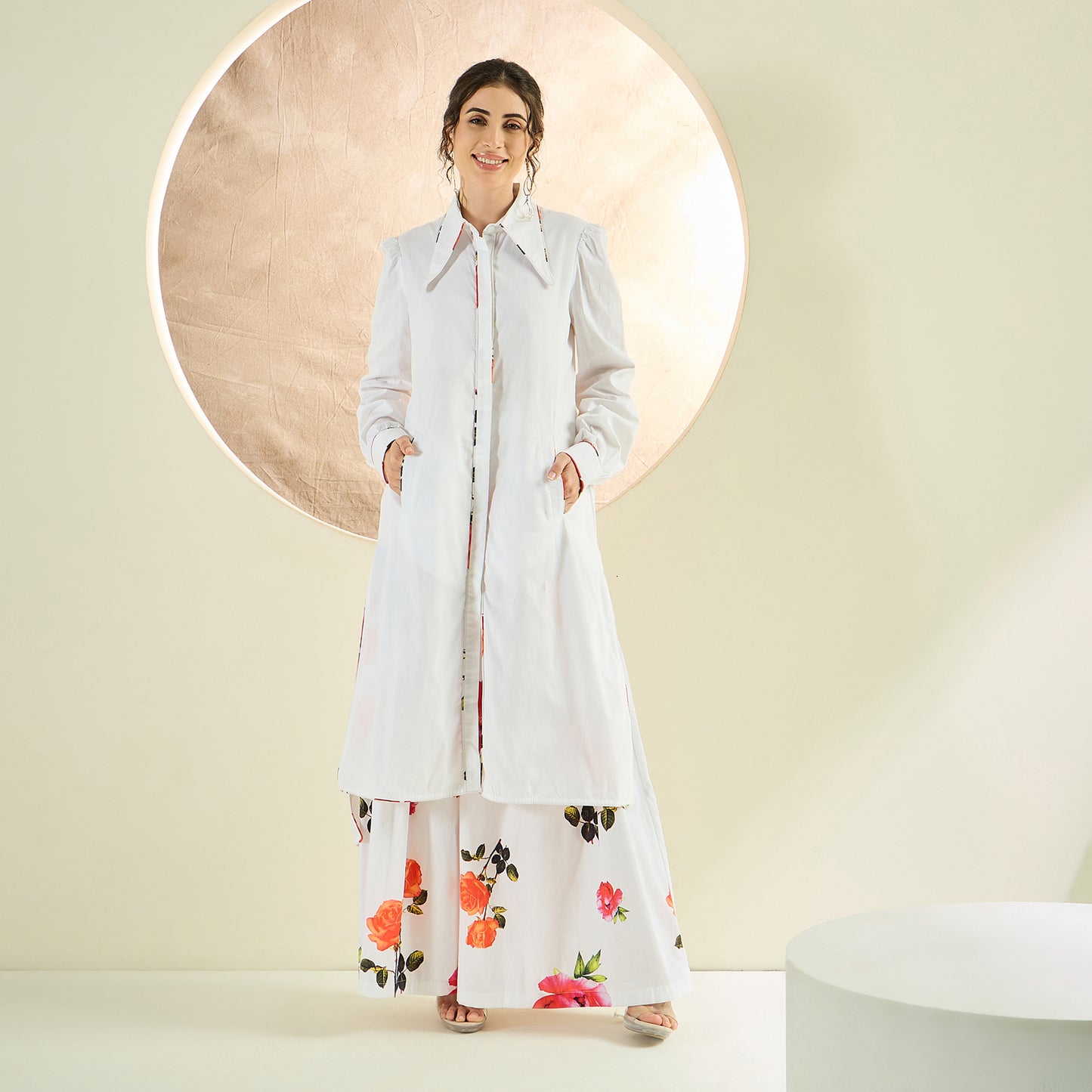 White and Orange Long Cotton Jacket and Floral Wide Leg Pants Set