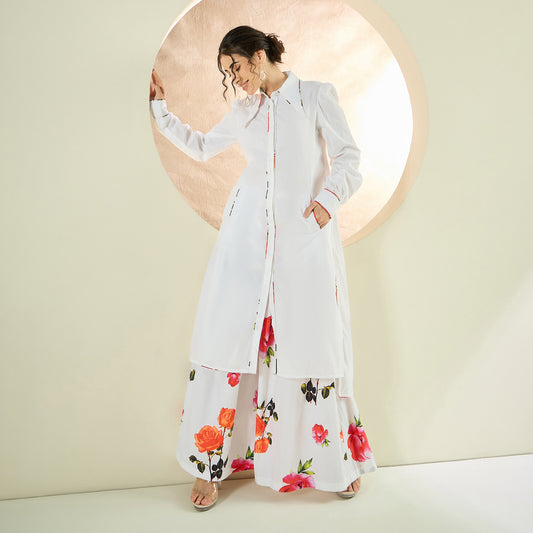White and Orange Long Cotton Jacket and Floral Wide Leg Pants Set