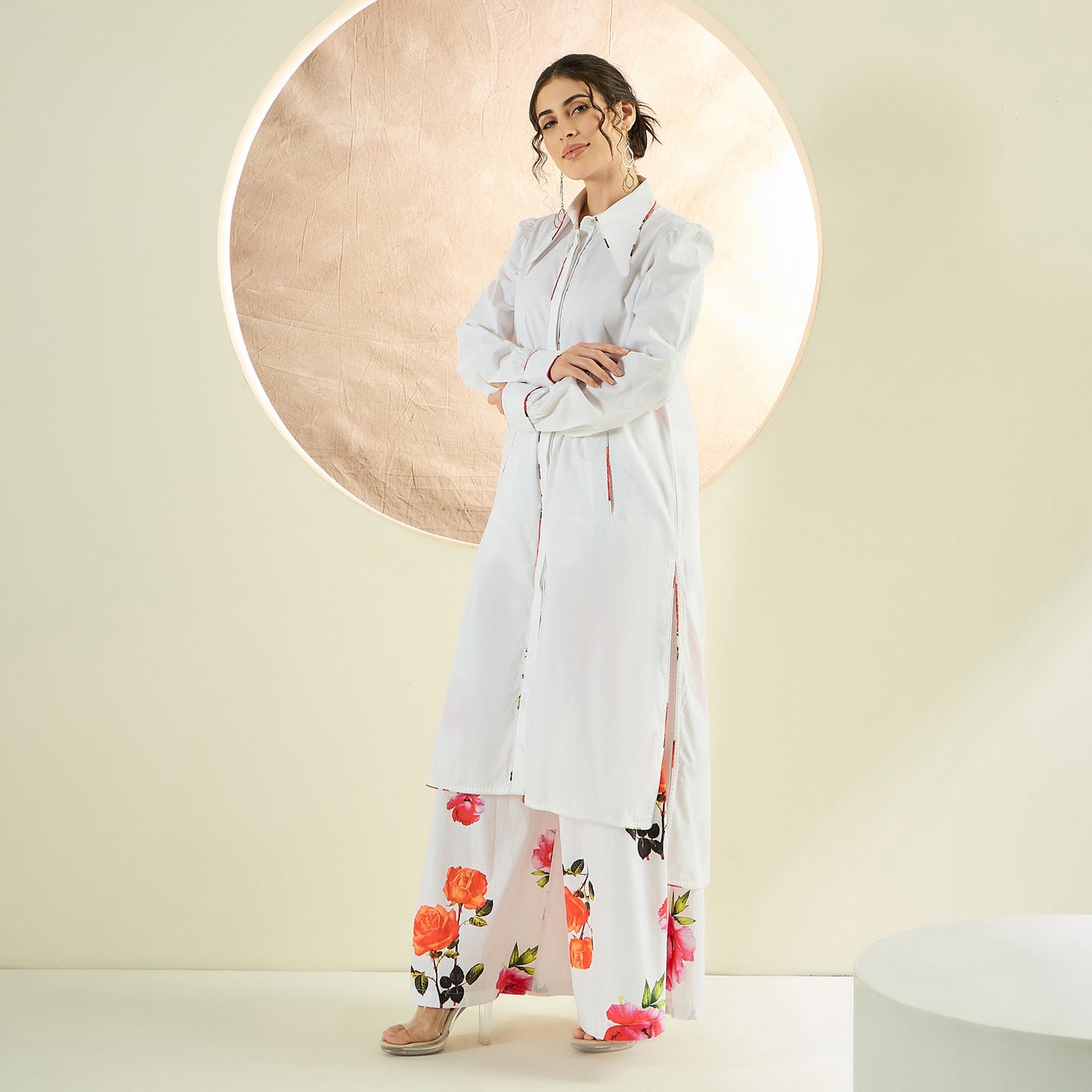White and Orange Long Cotton Jacket and Floral Wide Leg Pants Set
