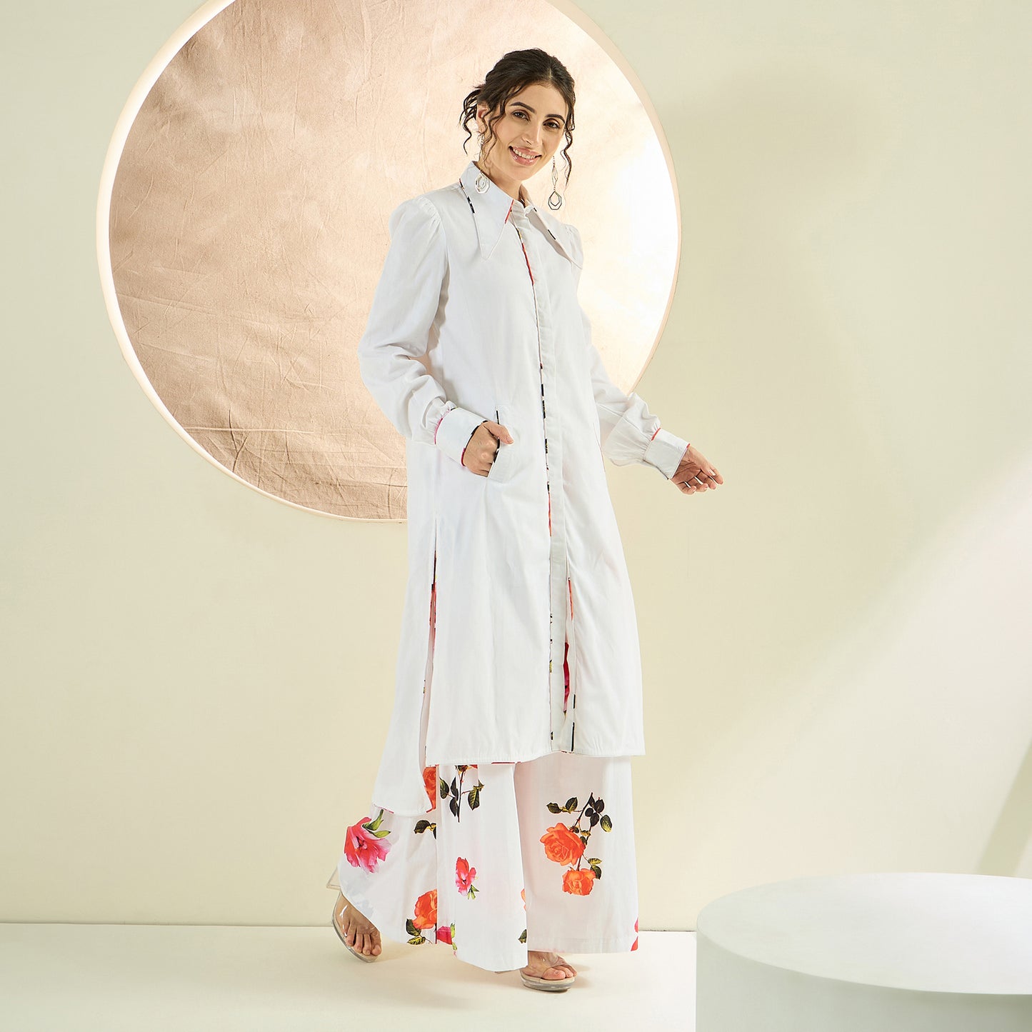 White and Orange Long Cotton Jacket and Floral Wide Leg Pants Set