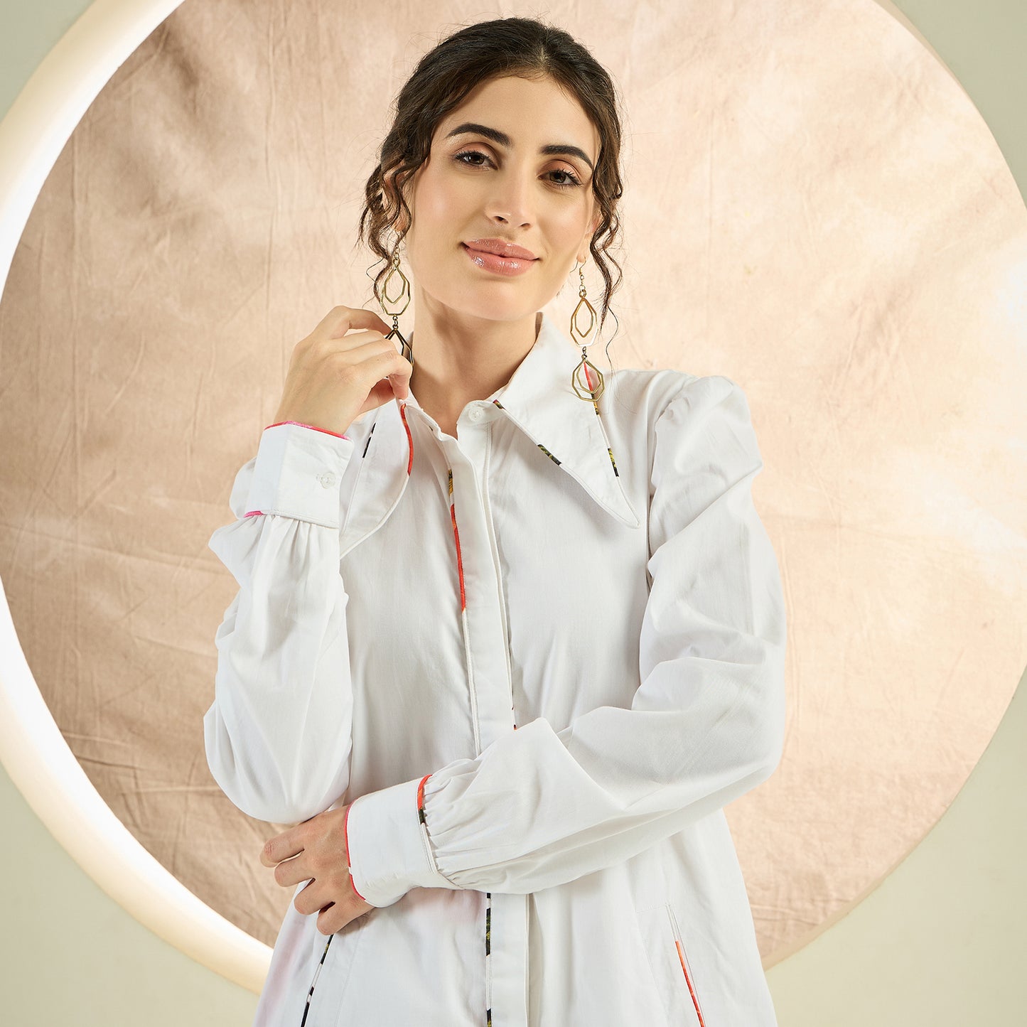 White and Orange Long Cotton Jacket and Floral Wide Leg Pants Set