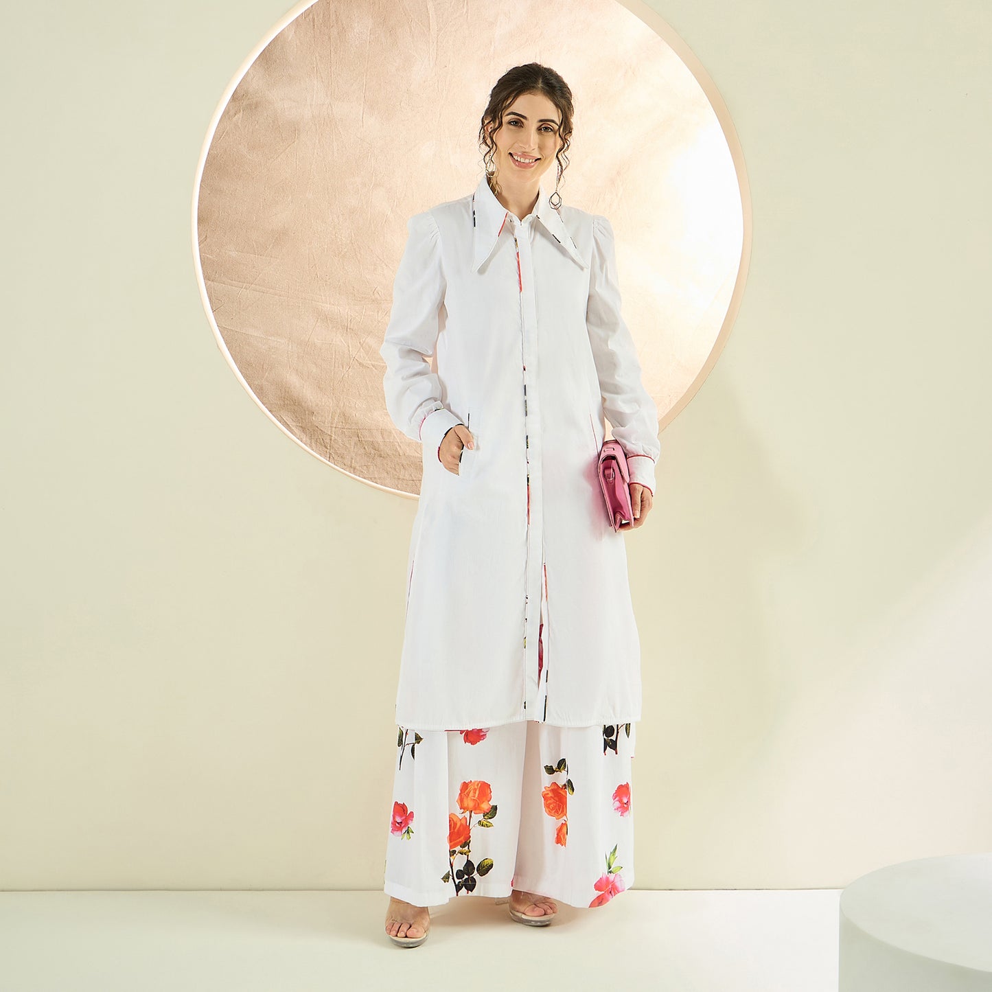White and Orange Long Cotton Jacket and Floral Wide Leg Pants Set