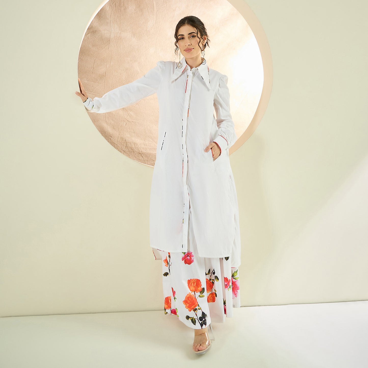 White and Orange Long Cotton Jacket and Floral Wide Leg Pants Set