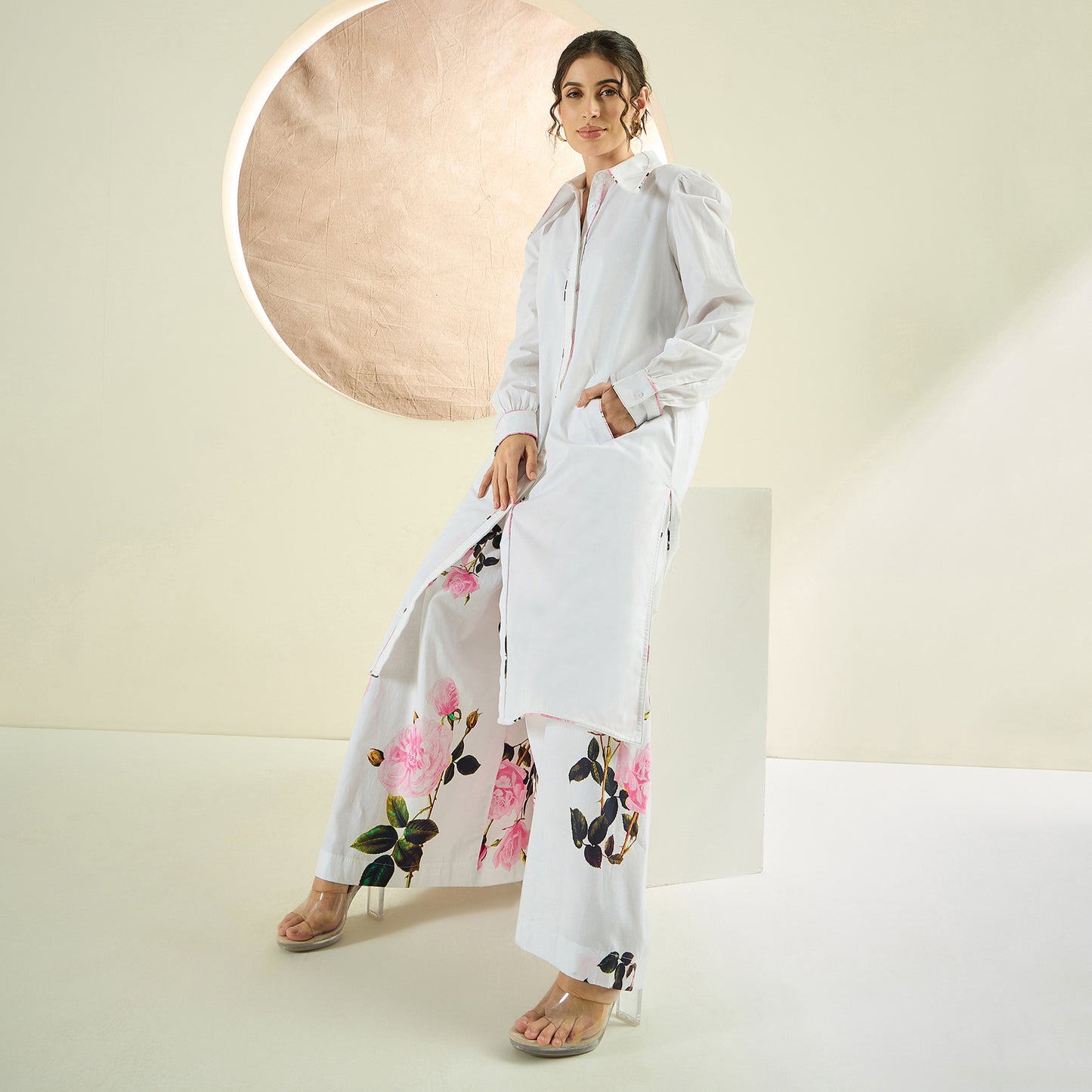 White and Pink Long Cotton Jacket and Floral Wide Leg Pants Set