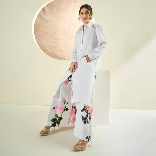 White and Pink Long Cotton Jacket and Floral Wide Leg Pants Set