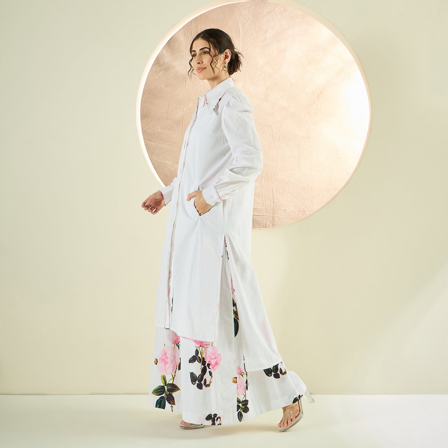 White and Pink Long Cotton Jacket and Floral Wide Leg Pants Set