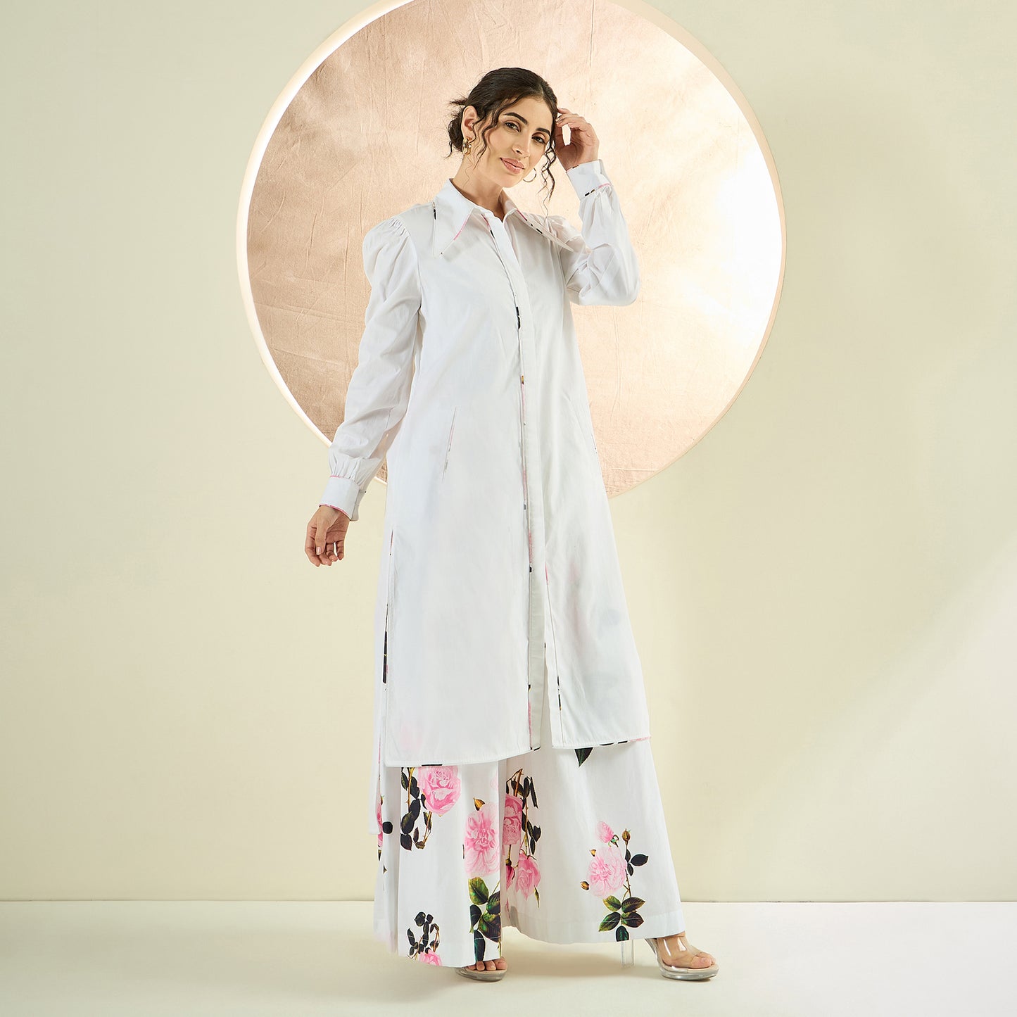 White and Pink Long Cotton Jacket and Floral Wide Leg Pants Set