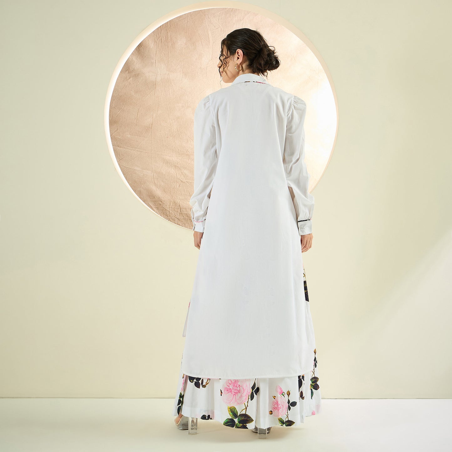 White and Pink Long Cotton Jacket and Floral Wide Leg Pants Set