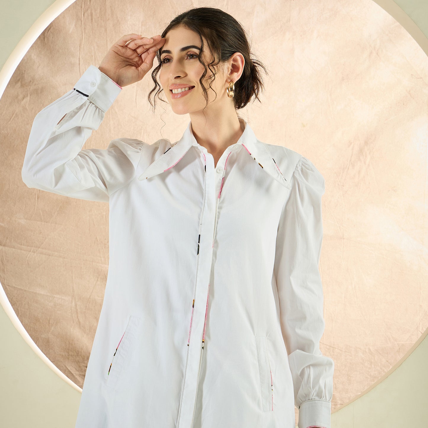 White and Pink Long Cotton Jacket and Floral Wide Leg Pants Set