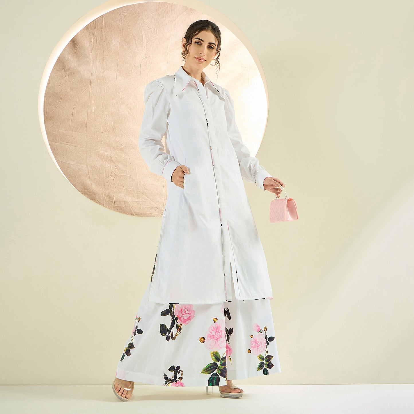 White and Pink Long Cotton Jacket and Floral Wide Leg Pants Set