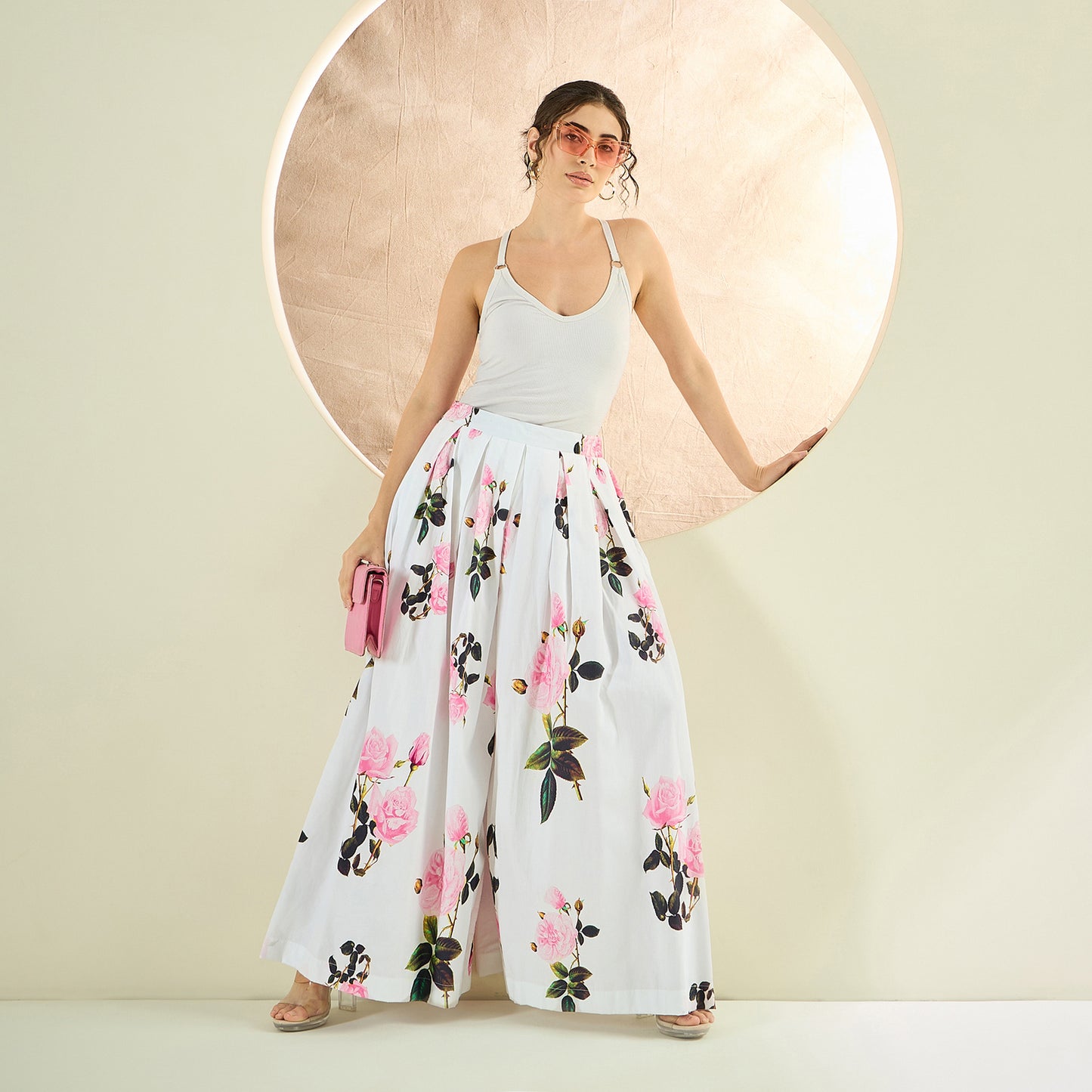 White and Pink Long Cotton Jacket and Floral Wide Leg Pants Set