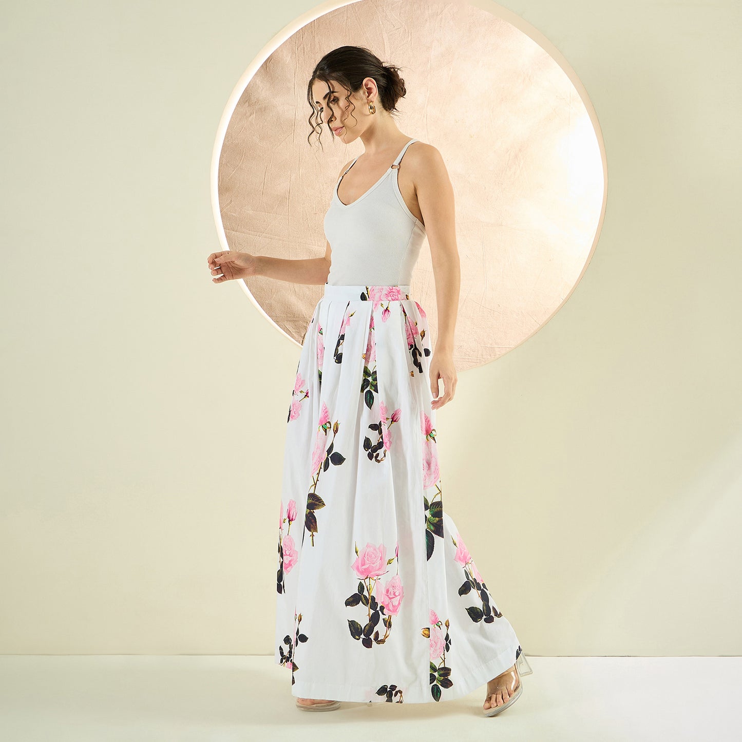 White and Pink Long Cotton Jacket and Floral Wide Leg Pants Set