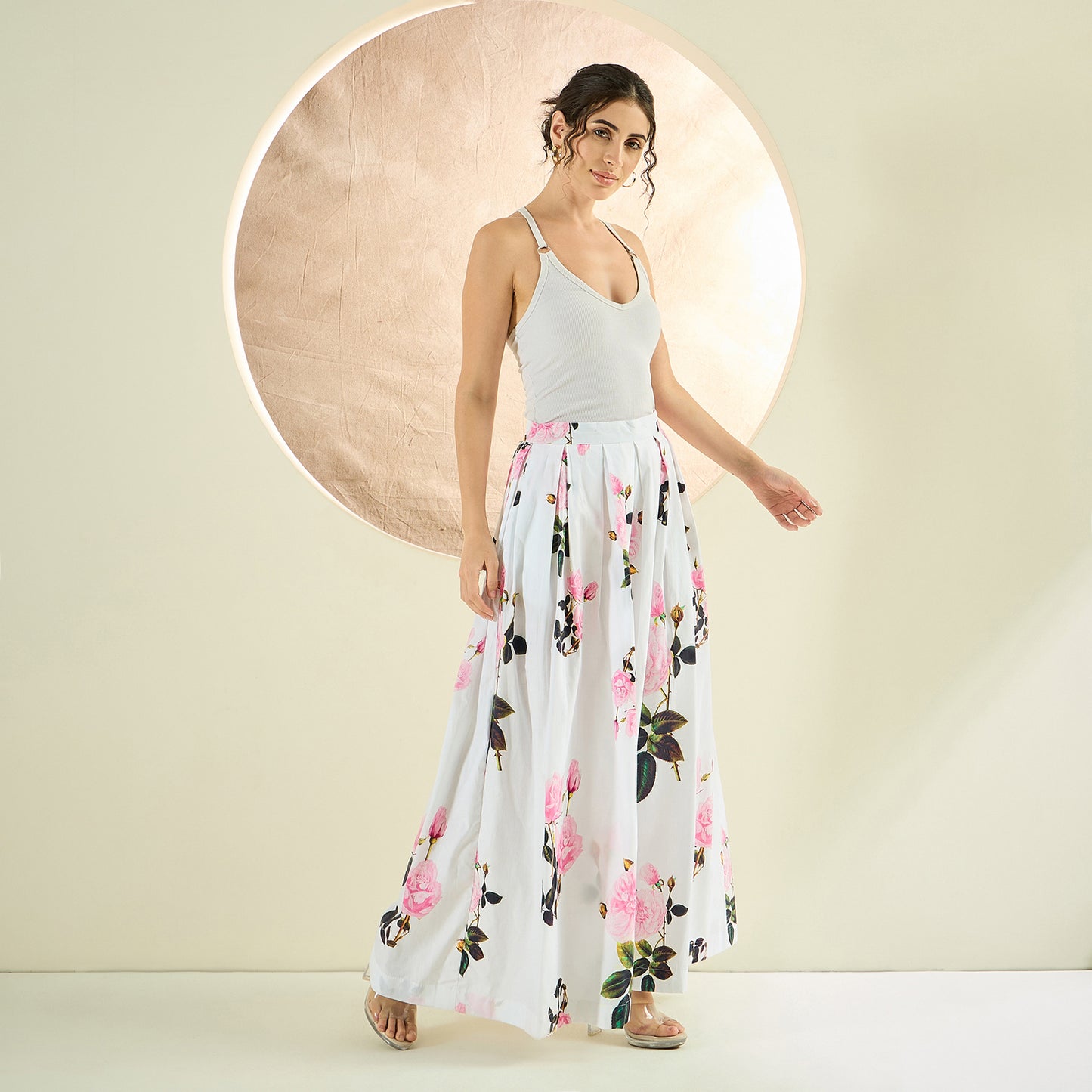 White and Pink Long Cotton Jacket and Floral Wide Leg Pants Set