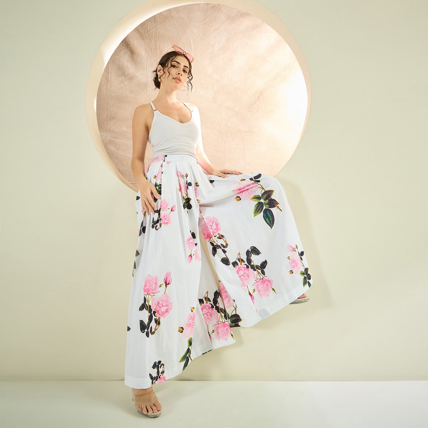 White and Pink Long Cotton Jacket and Floral Wide Leg Pants Set