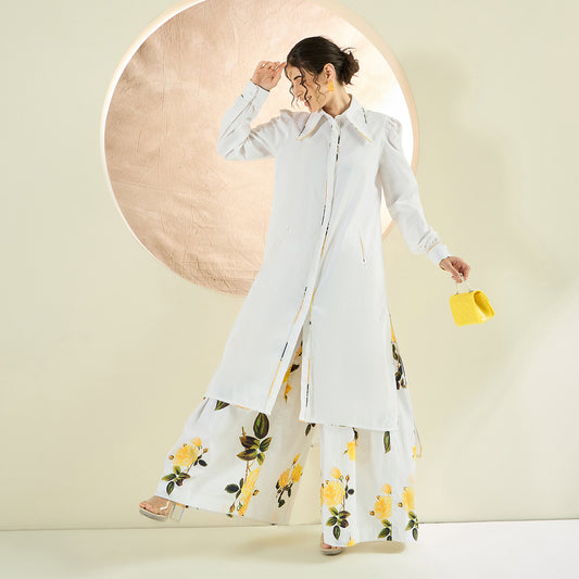 White and Yellow Long Cotton Jacket and Floral Wide Leg Pants Set