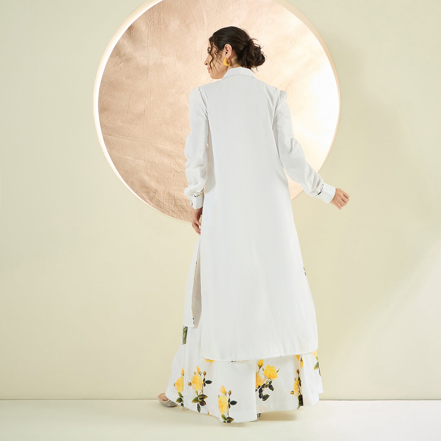 White and Yellow Long Cotton Jacket and Floral Wide Leg Pants Set