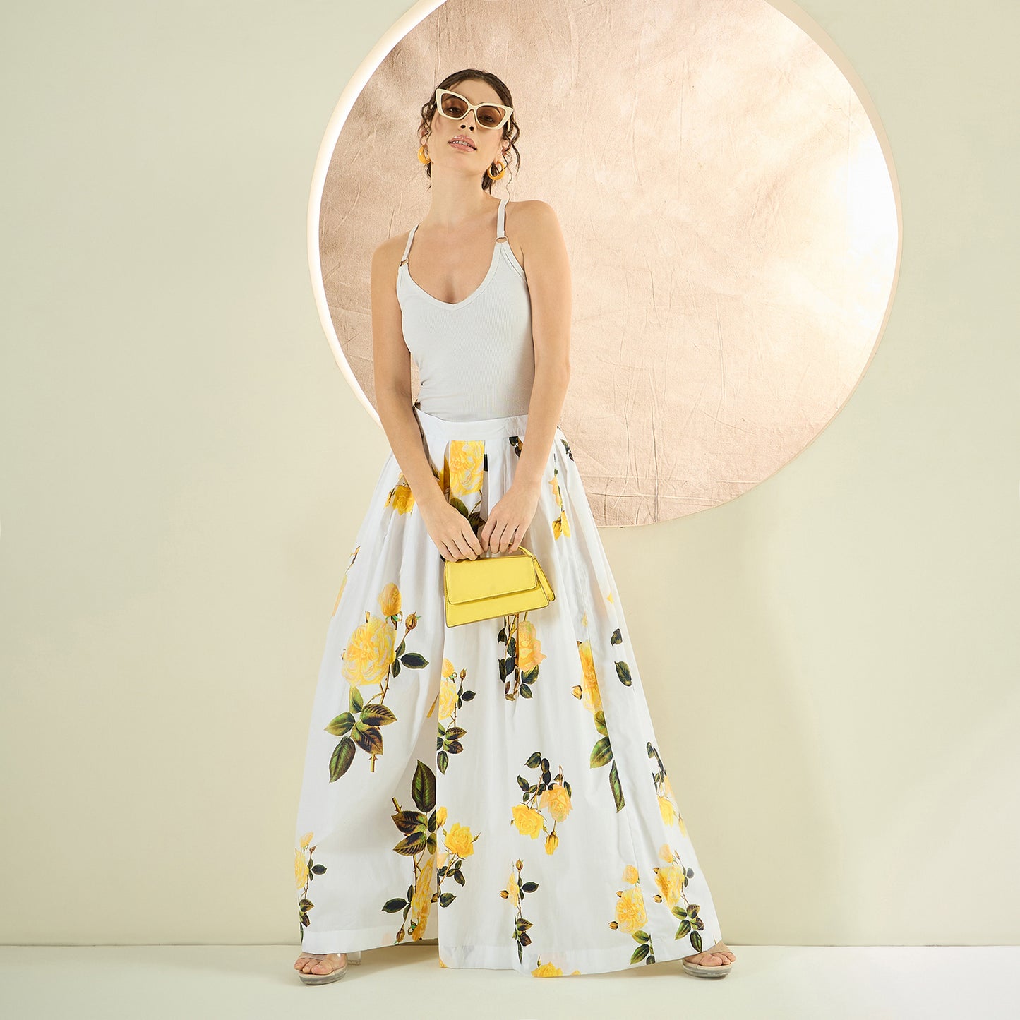 White and Yellow Long Cotton Jacket and Floral Wide Leg Pants Set