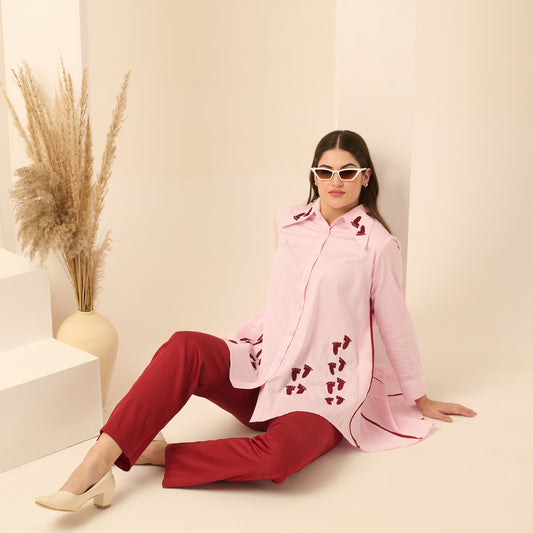 Pink and Red Hand Embroidered Pleated Shirt and Straight Trouser Set
