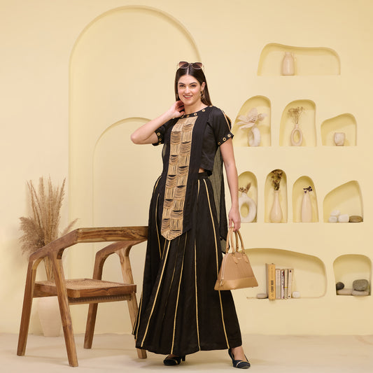 Black and Golden Hand Embroidered Asymmetric Top and Pleated Skirt Set