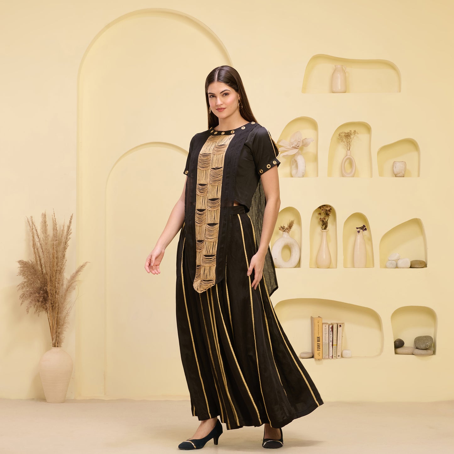 Black and Golden Hand Embroidered Asymmetric Top and Pleated Skirt Set