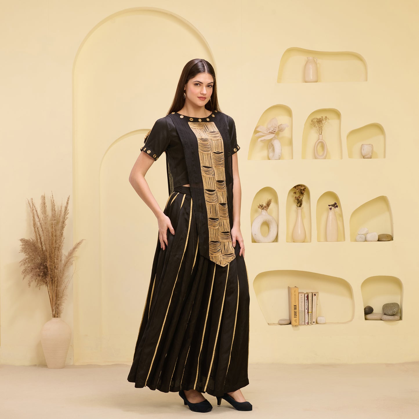 Black and Golden Hand Embroidered Asymmetric Top and Pleated Skirt Set