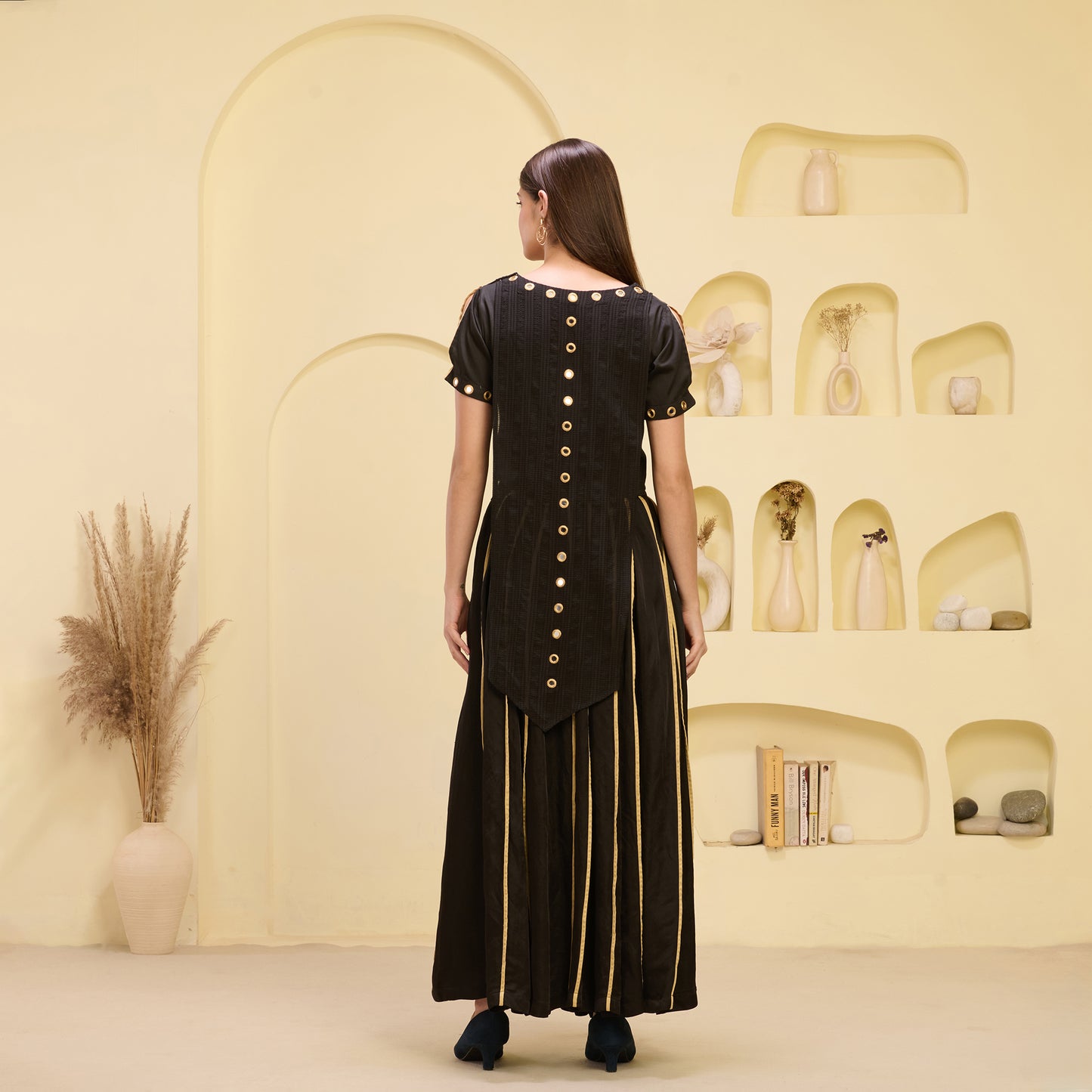 Black and Golden Hand Embroidered Asymmetric Top and Pleated Skirt Set