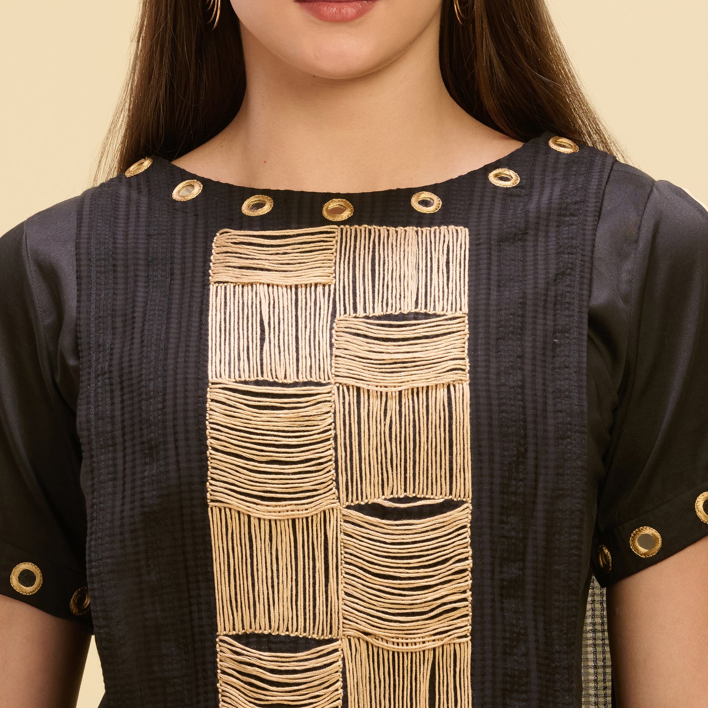 Black and Golden Hand Embroidered Asymmetric Top and Pleated Skirt Set