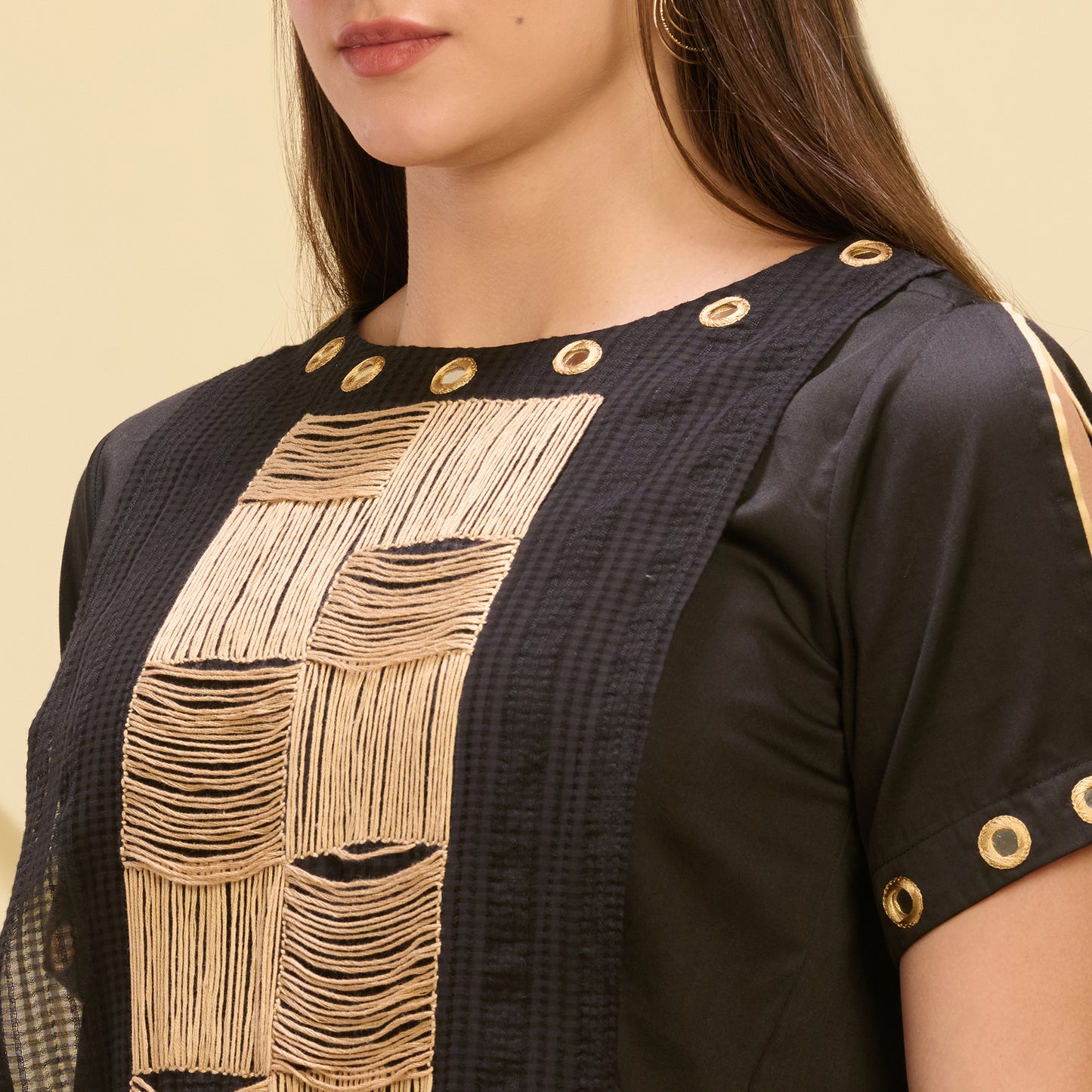 Black and Golden Hand Embroidered Asymmetric Top and Pleated Skirt Set