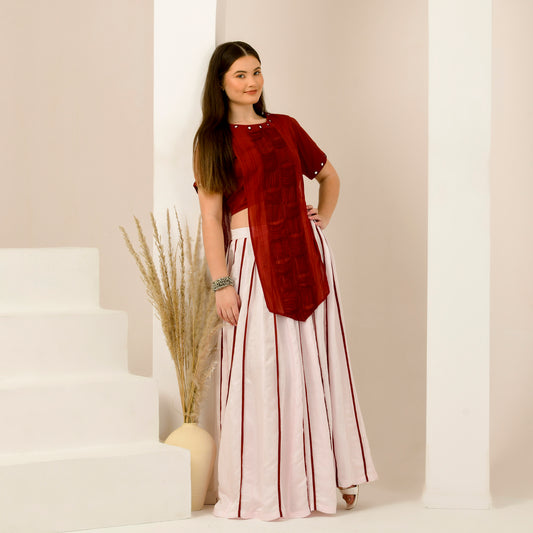 Pink and Red Hand Embroidered Asymmetric Top and Pleated Skirt Set