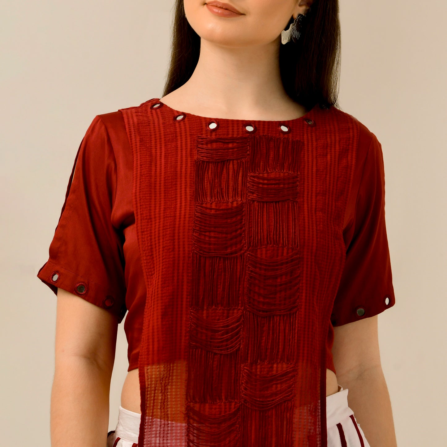 Pink and Red Hand Embroidered Asymmetric Top and Pleated Skirt Set