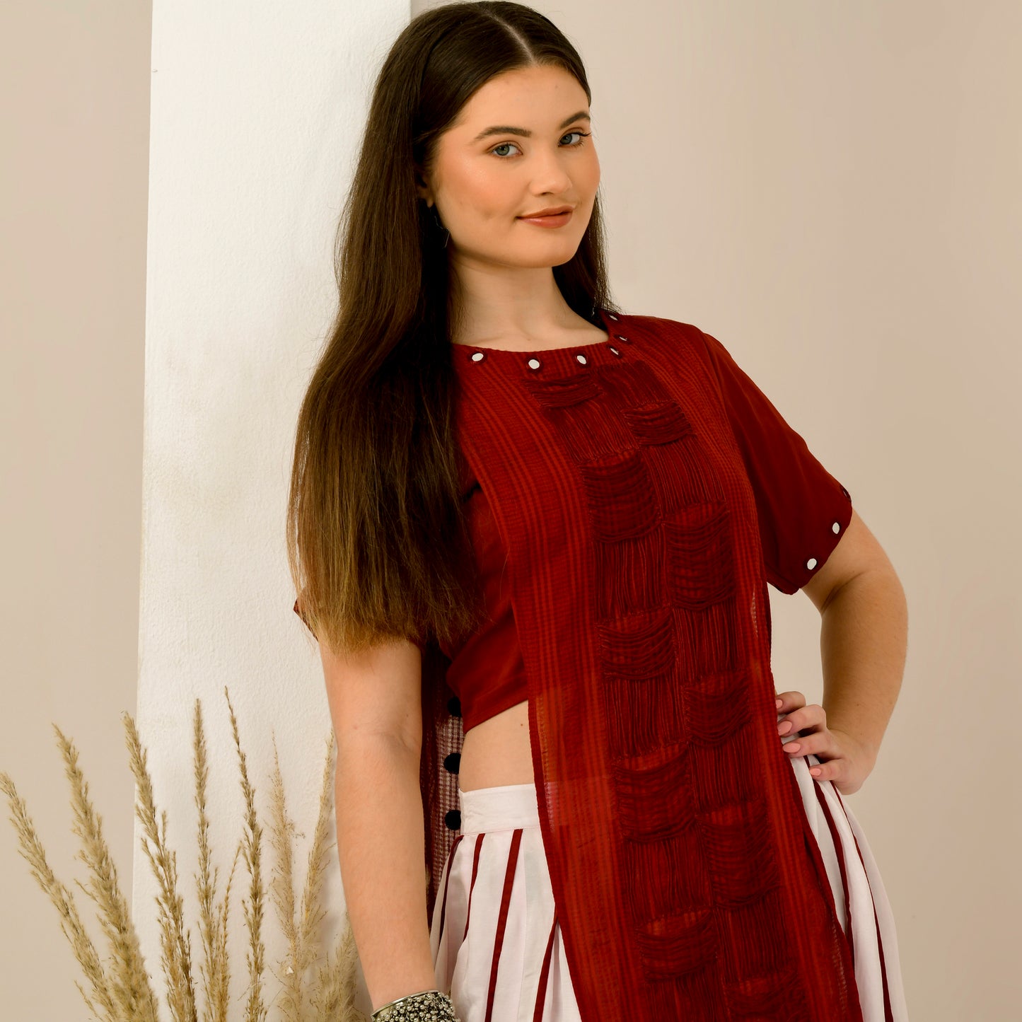 Pink and Red Hand Embroidered Asymmetric Top and Pleated Skirt Set