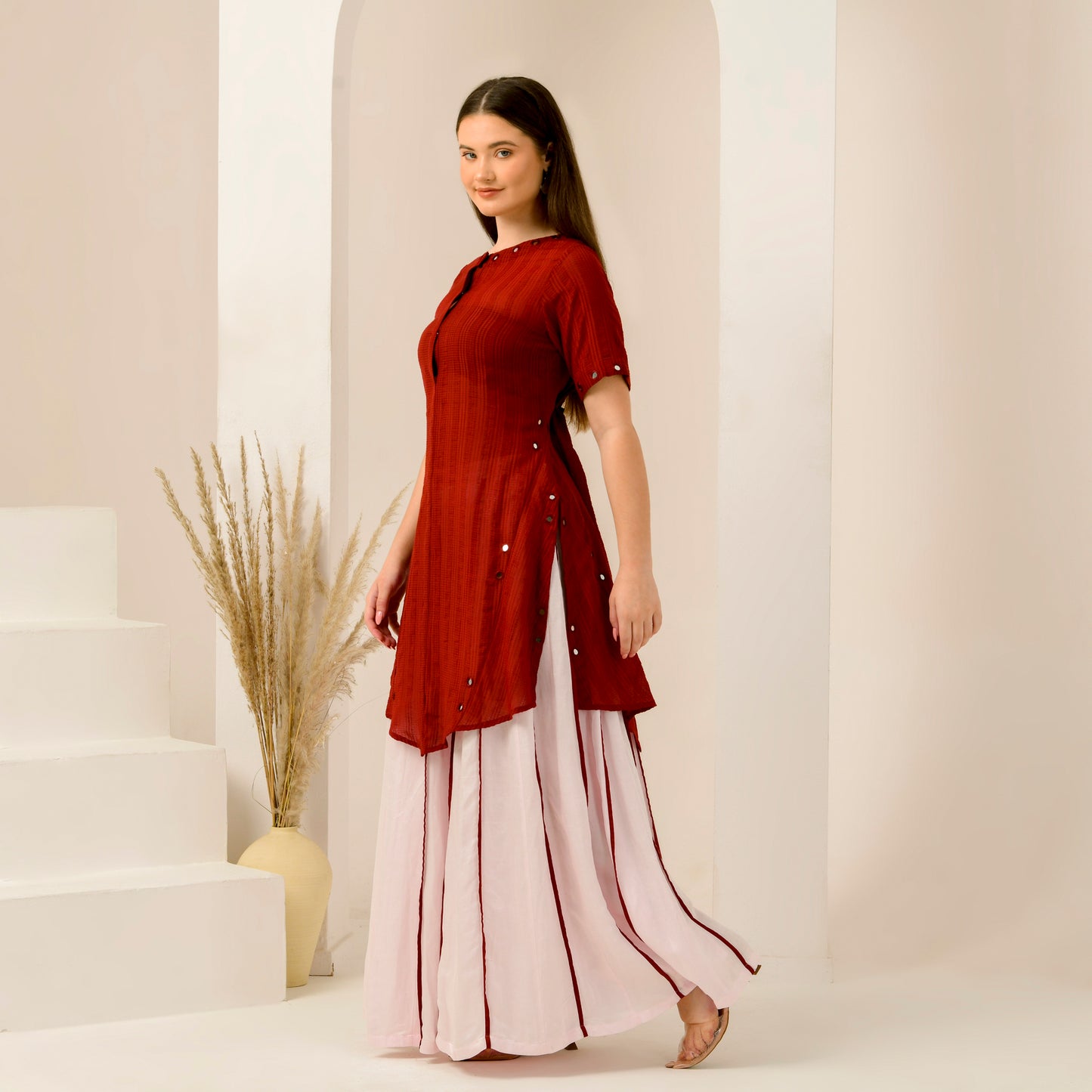 Pink and Red Mirror Hand Embroidered Asymmetric Kurta and Wide Leg Pleated Palazzo Set