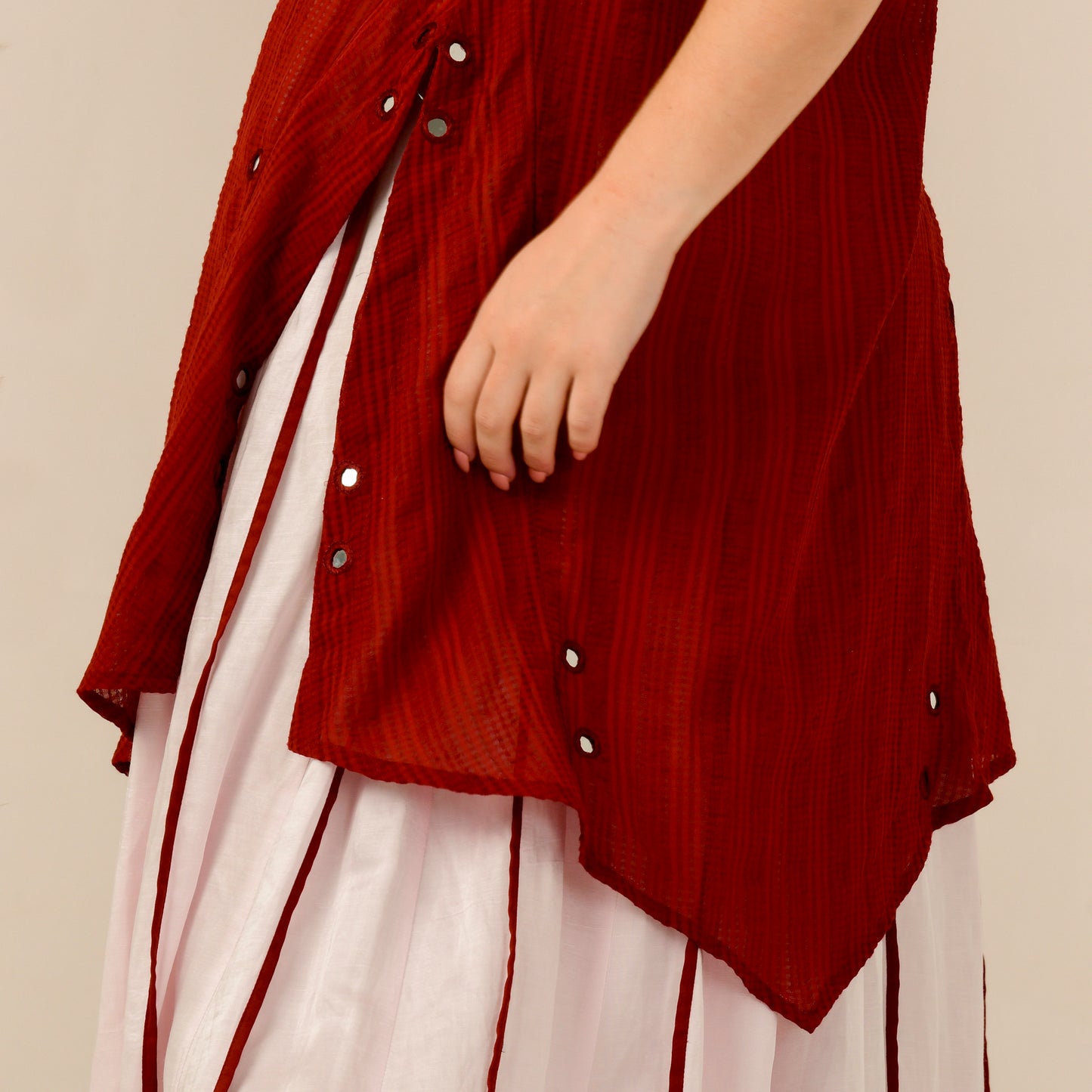 Pink and Red Mirror Hand Embroidered Asymmetric Kurta and Wide Leg Pleated Palazzo Set