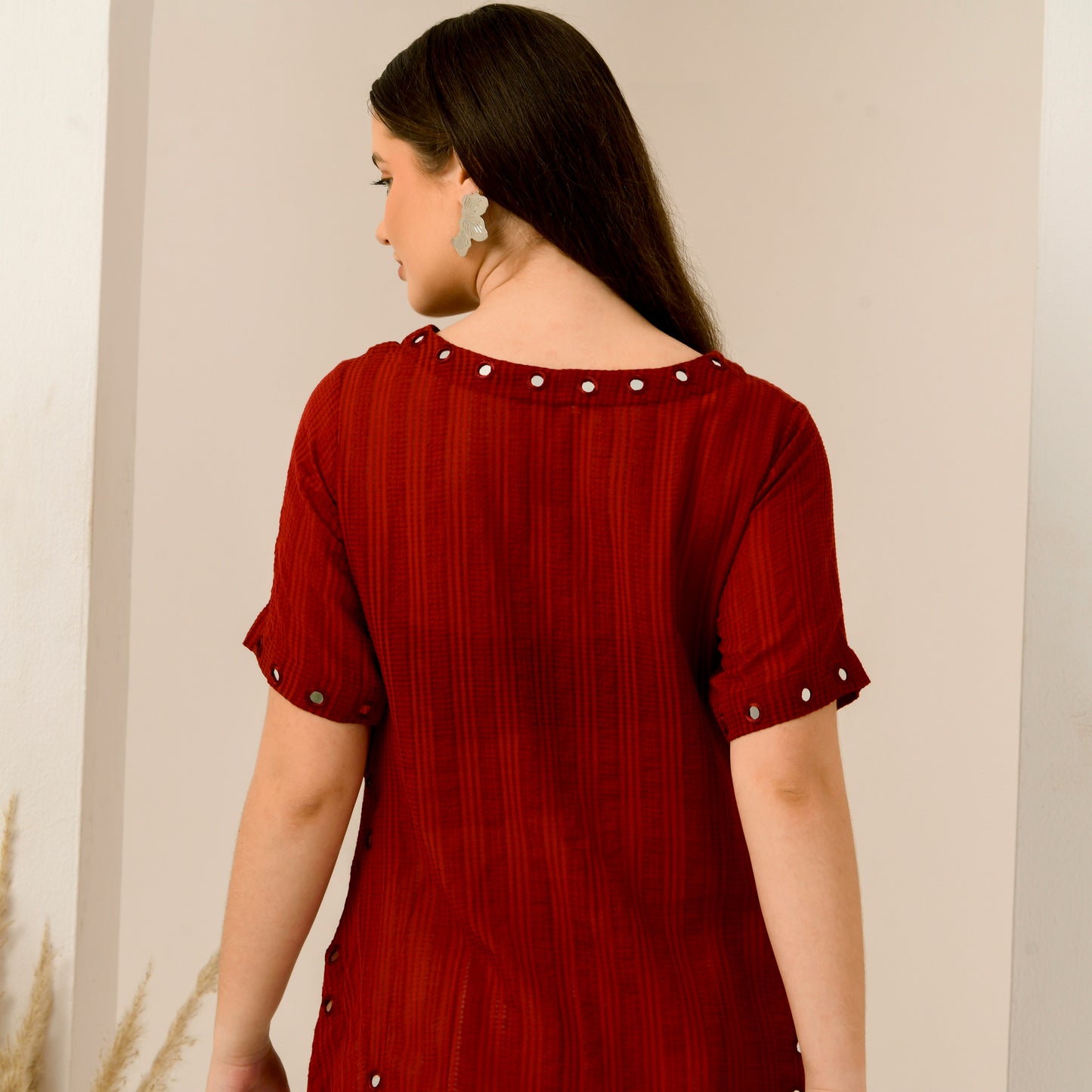 Pink and Red Mirror Hand Embroidered Asymmetric Kurta and Wide Leg Pleated Palazzo Set