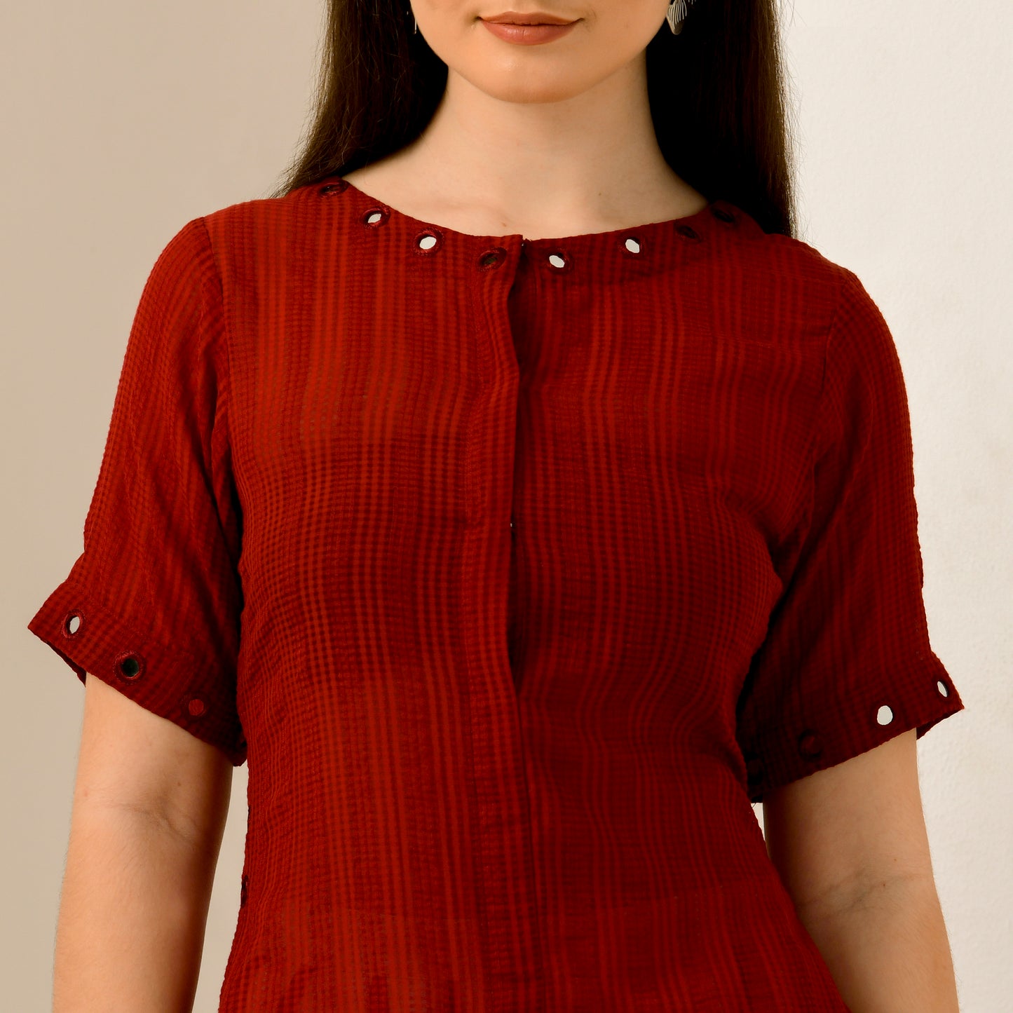 Pink and Red Mirror Hand Embroidered Asymmetric Kurta and Wide Leg Pleated Palazzo Set