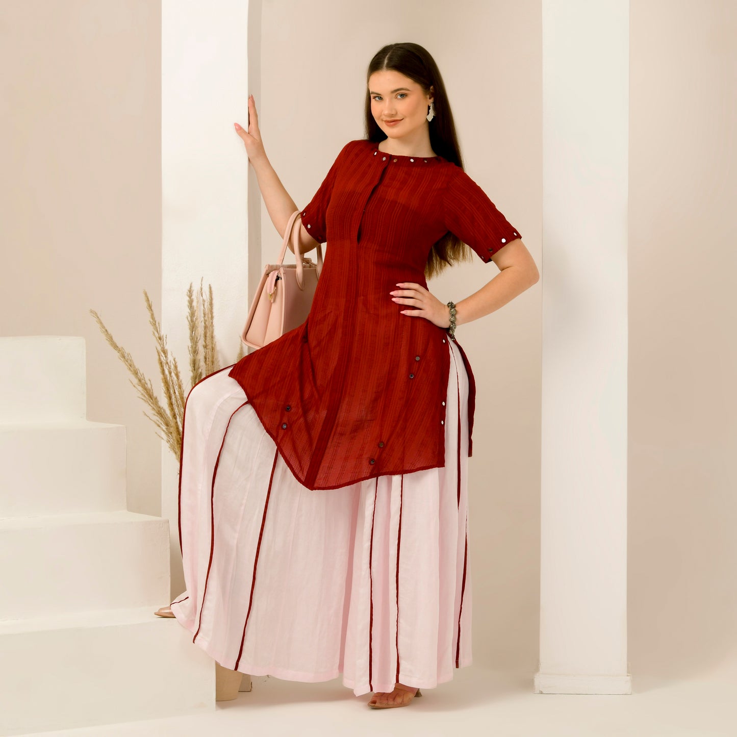 Pink and Red Mirror Hand Embroidered Asymmetric Kurta and Wide Leg Pleated Palazzo Set