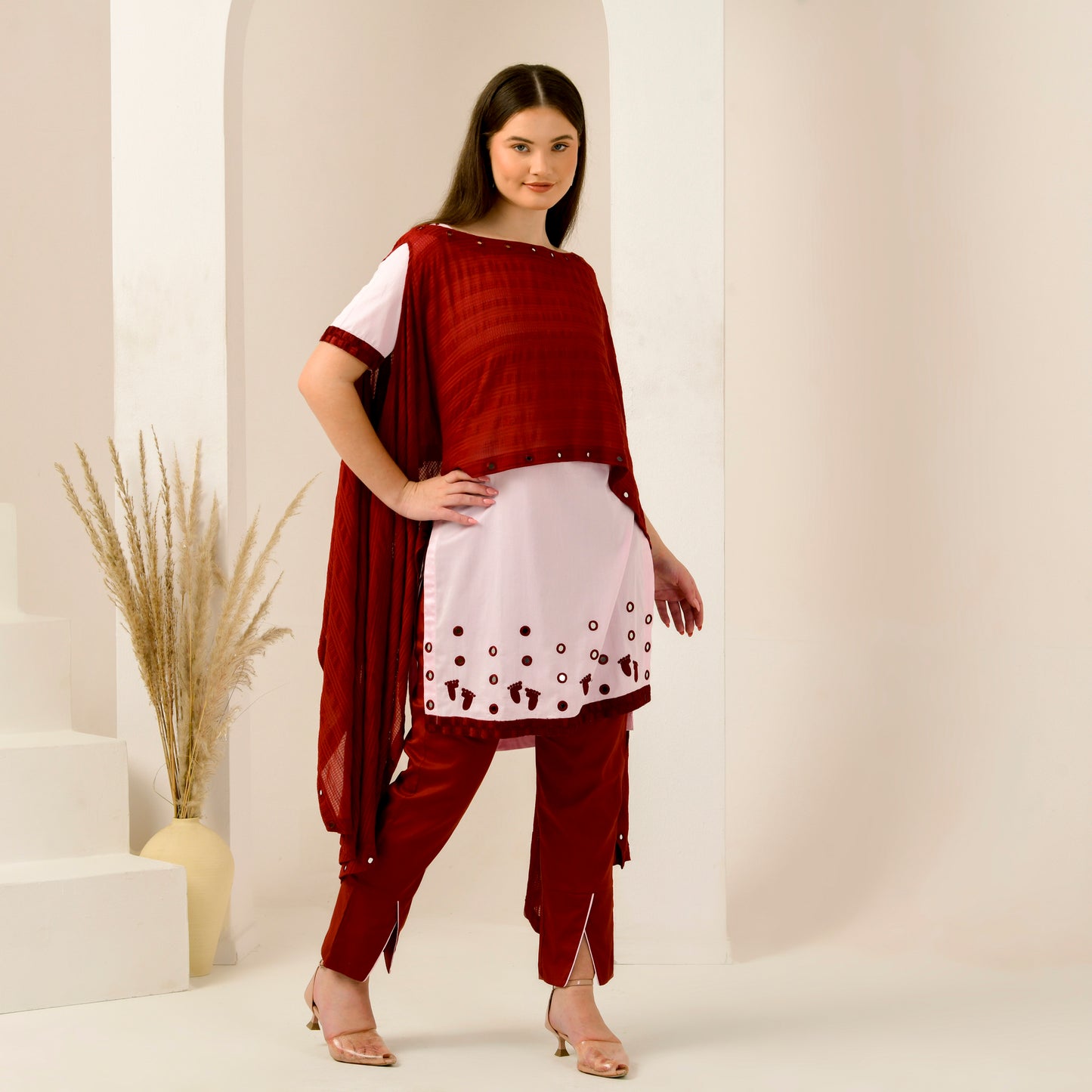 Pink and Red Hand Embroidered Asymmetric Cover-Up with High-Low Kurta and Straight Trouser Set