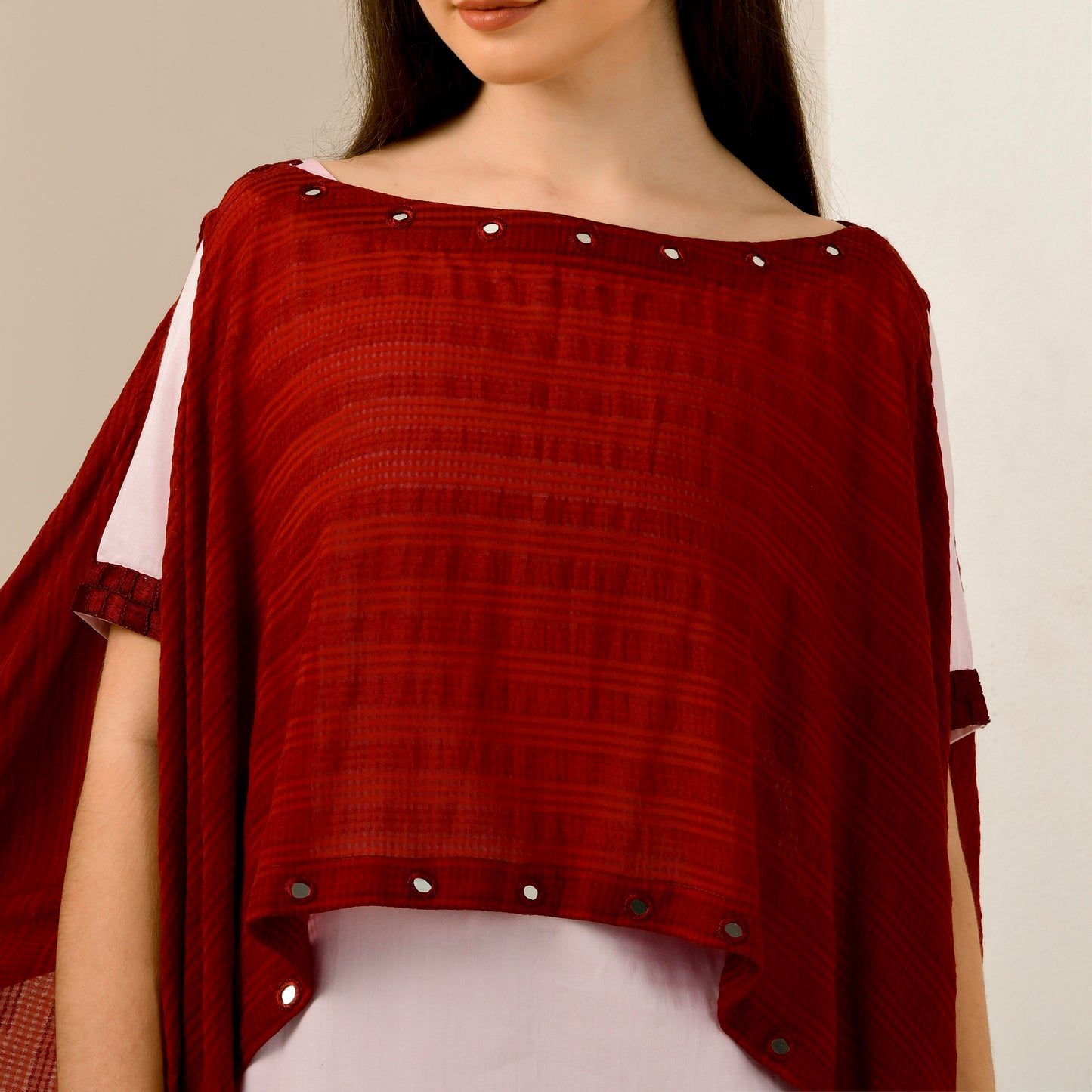 Pink and Red Hand Embroidered Asymmetric Cover-Up with High-Low Kurta and Straight Trouser Set