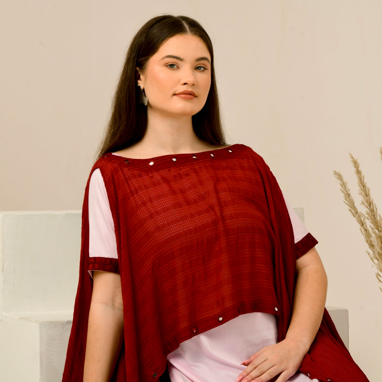 Pink and Red Hand Embroidered Asymmetric Cover-Up with High-Low Kurta and Straight Trouser Set