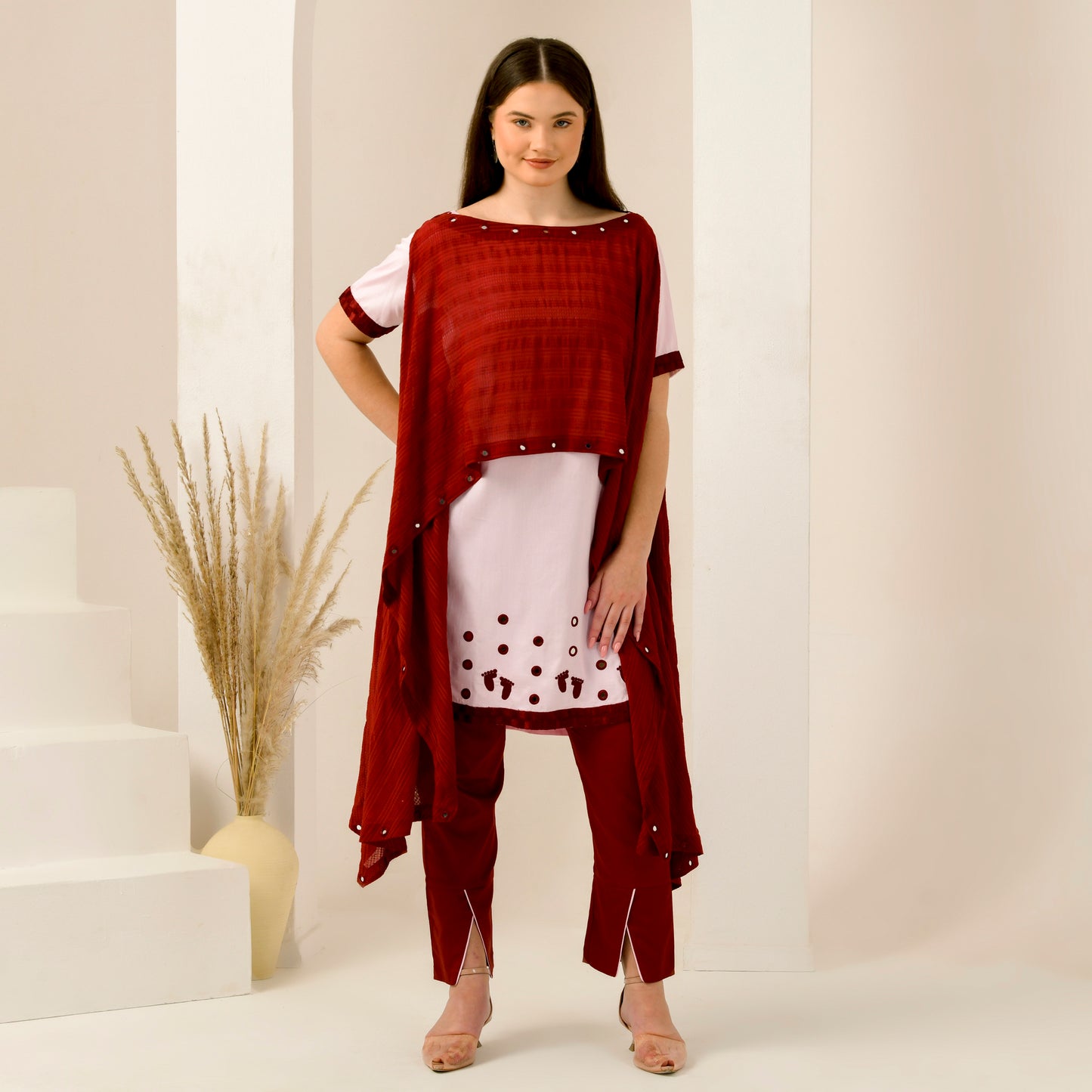 Pink and Red Hand Embroidered Asymmetric Cover-Up with High-Low Kurta and Straight Trouser Set