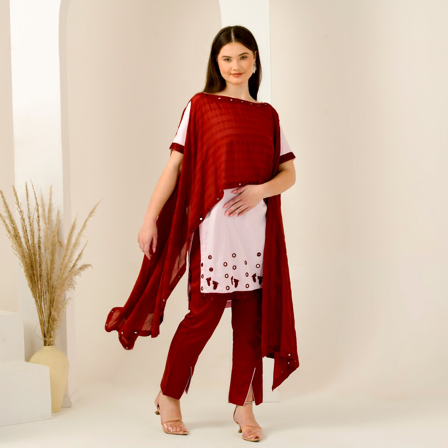 Pink and Red Hand Embroidered Asymmetric Cover-Up with High-Low Kurta and Straight Trouser Set