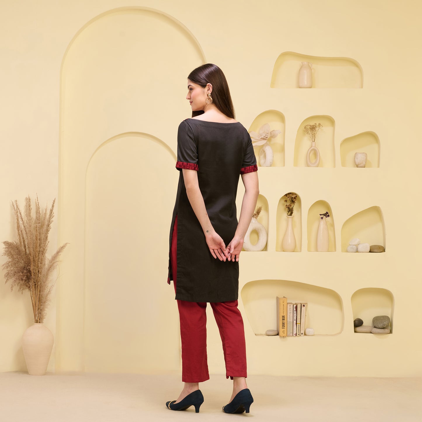 Red and Black Hand Embroidered Asymmetric Cover-Up with High-Low Kurta and Straight Trouser Set