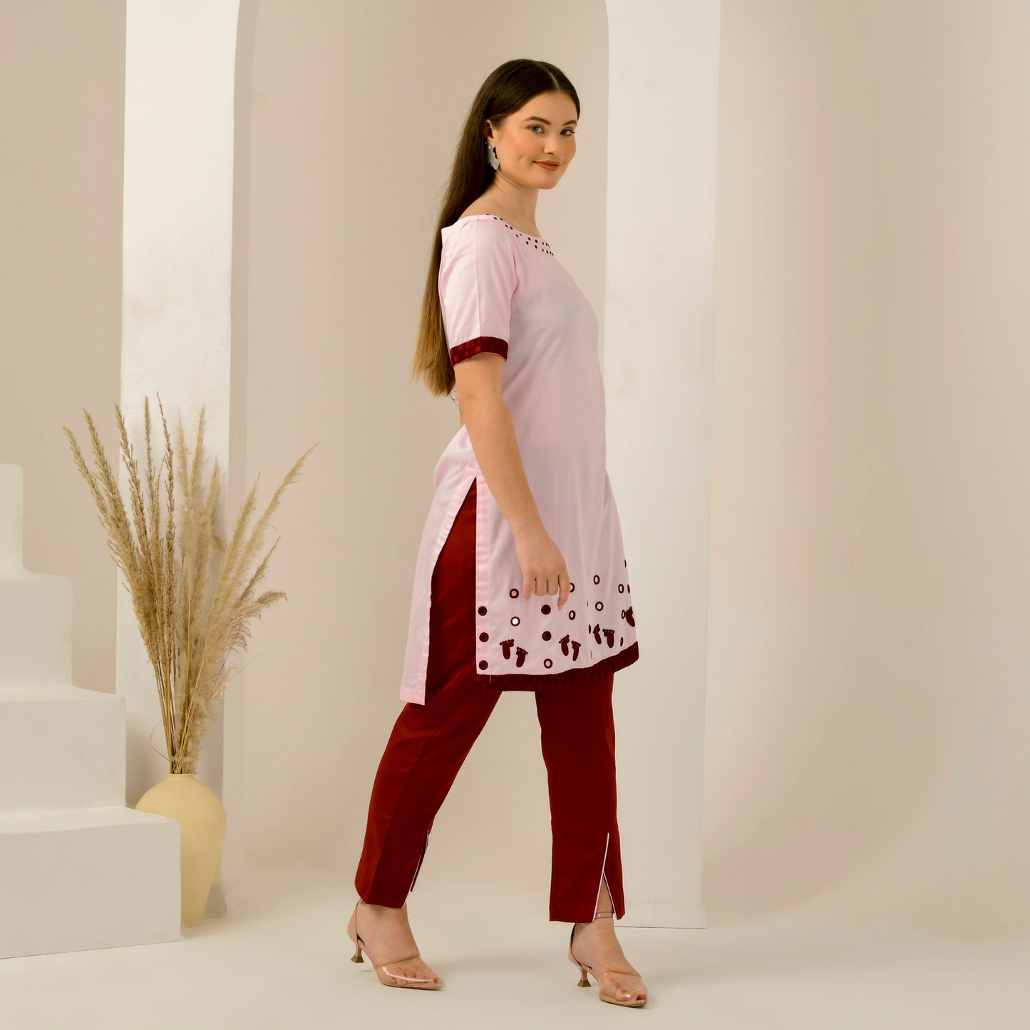 Pink and Red Hand Embroidered High-Low Kurta and Straight Trouser Set