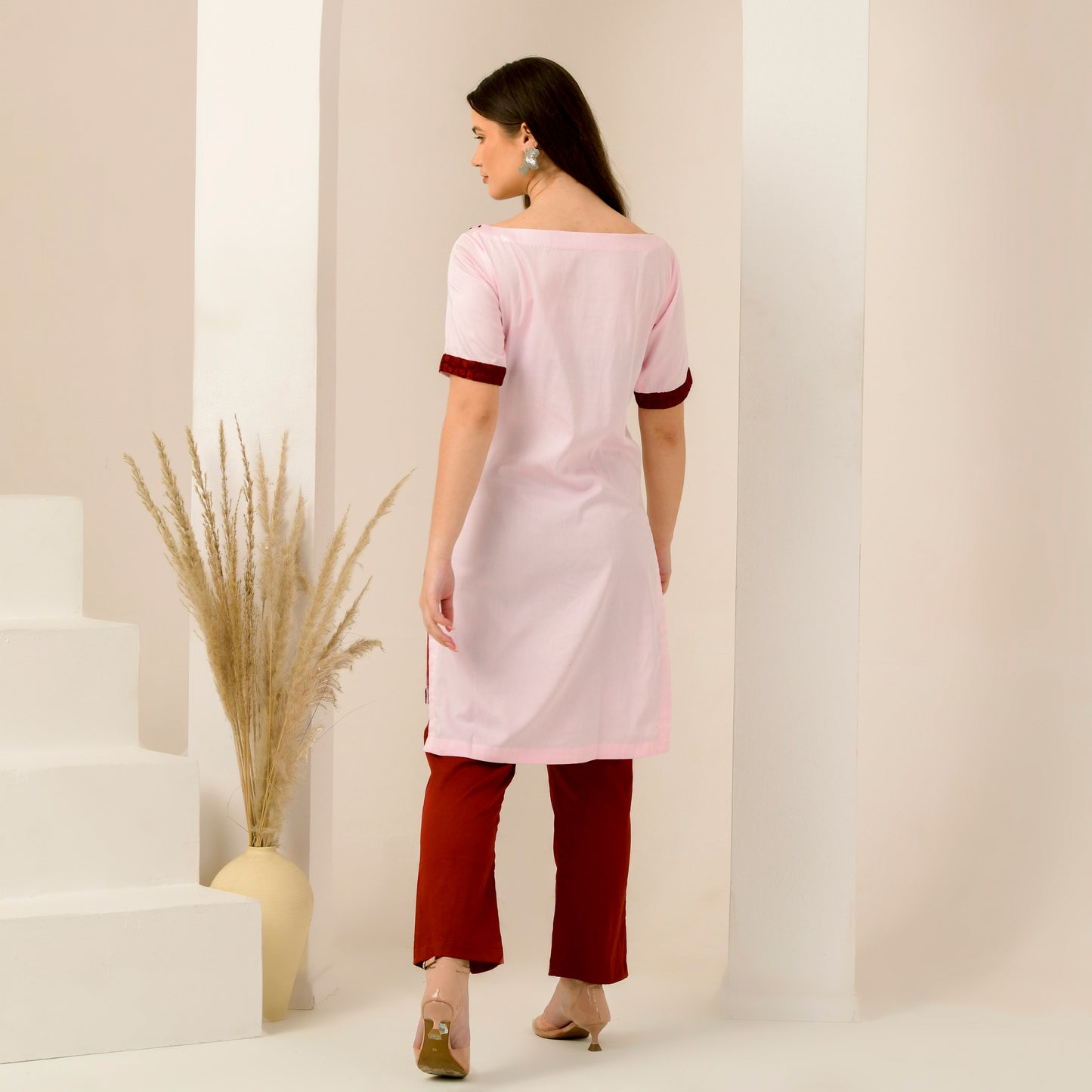 Pink and Red Hand Embroidered High-Low Kurta and Straight Trouser Set