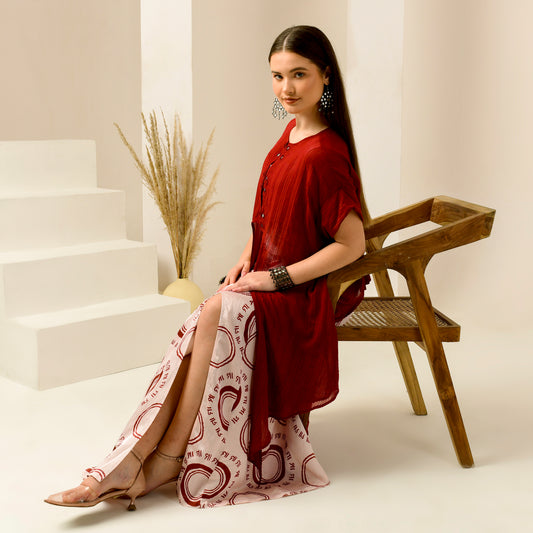 Pink and Red Hand Embroidered Cover-Up and Crop Top with Maa Print Full Length Skirt Set