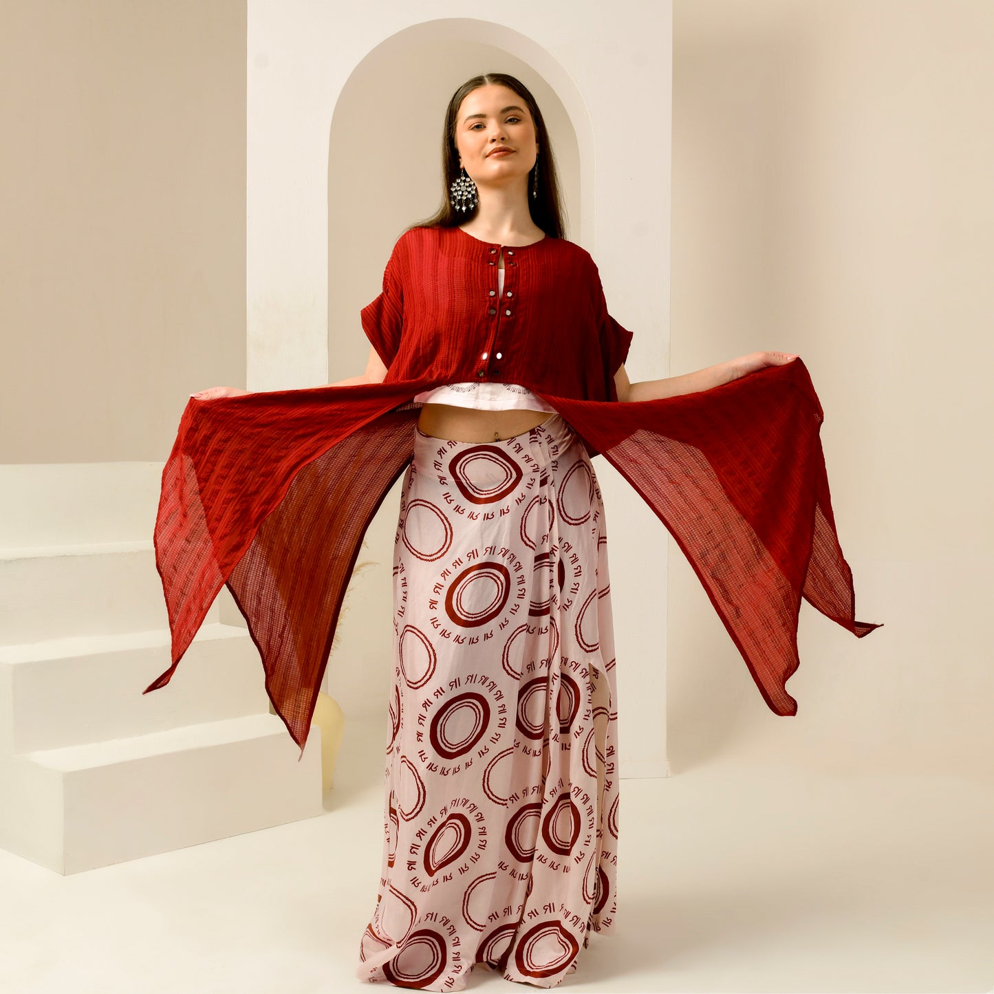 Pink and Red Hand Embroidered Cover-Up and Crop Top with Maa Print Full Length Skirt Set