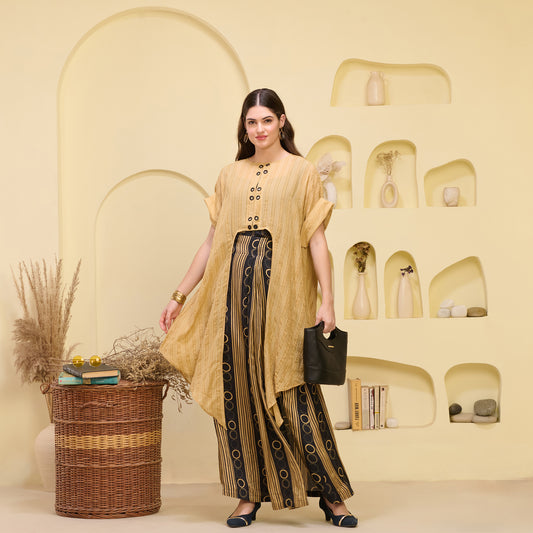 Black and Golden Hand Embroidered Cover-Up and Crop Top with Powerful Stripe Print Full Length Skirt Set