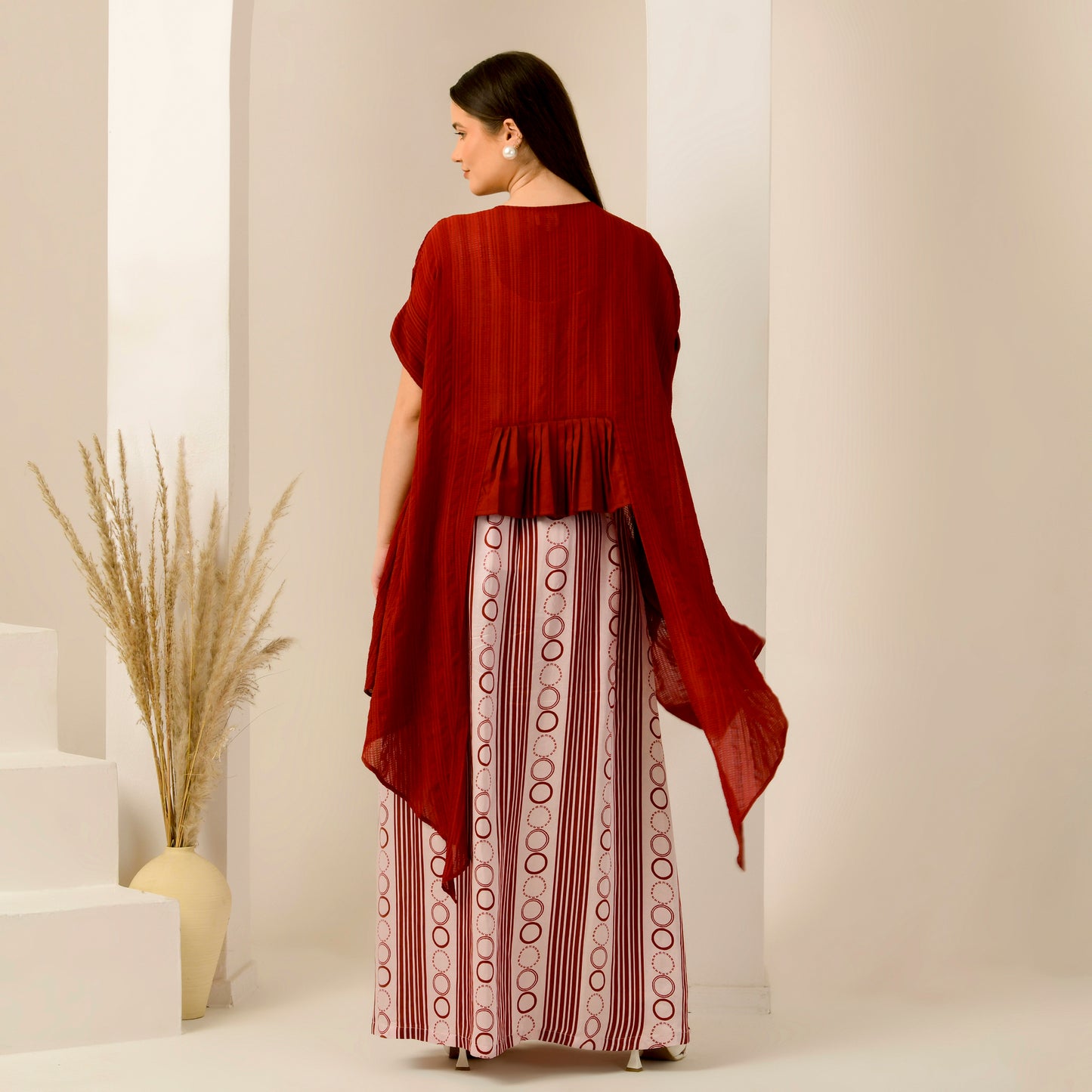 Pink and Red Hand Embroidered Cover-Up and Crop Top with Powerful Stripe Print Full Length Skirt Set