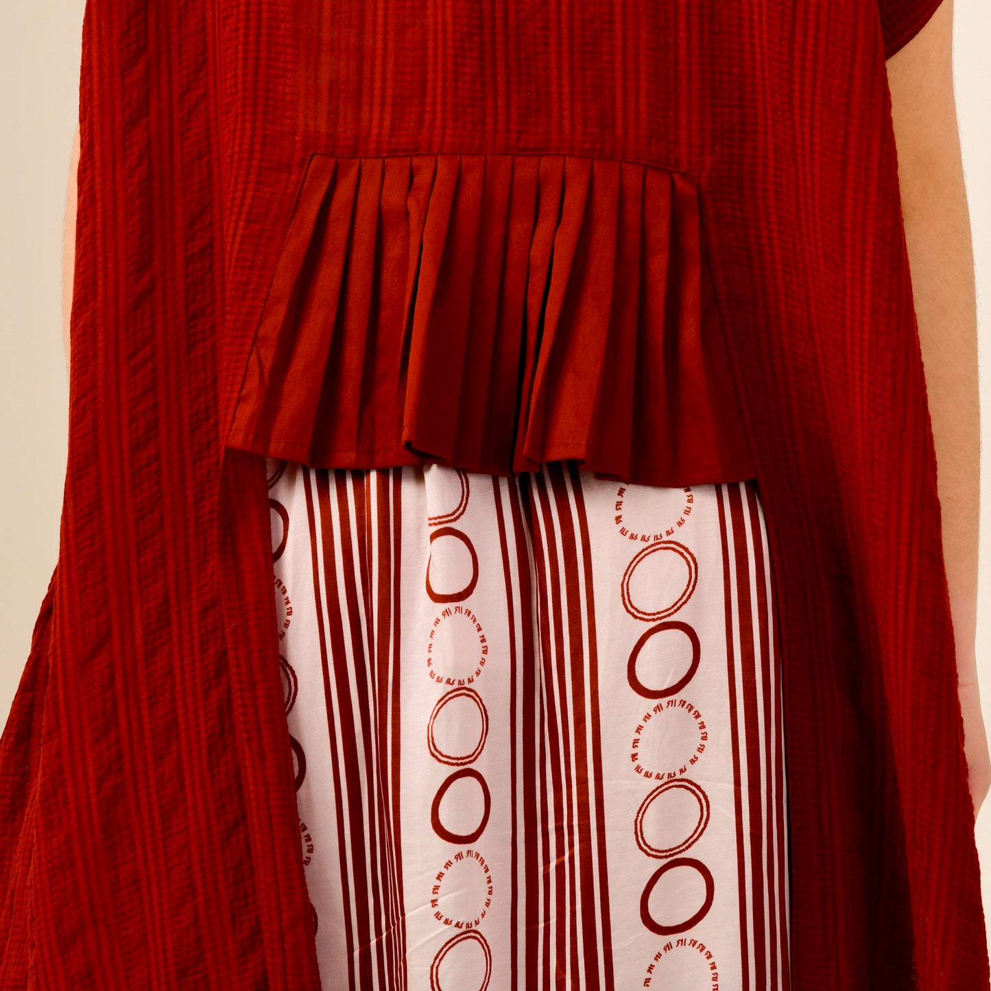 Pink and Red Hand Embroidered Cover-Up and Crop Top with Powerful Stripe Print Full Length Skirt Set
