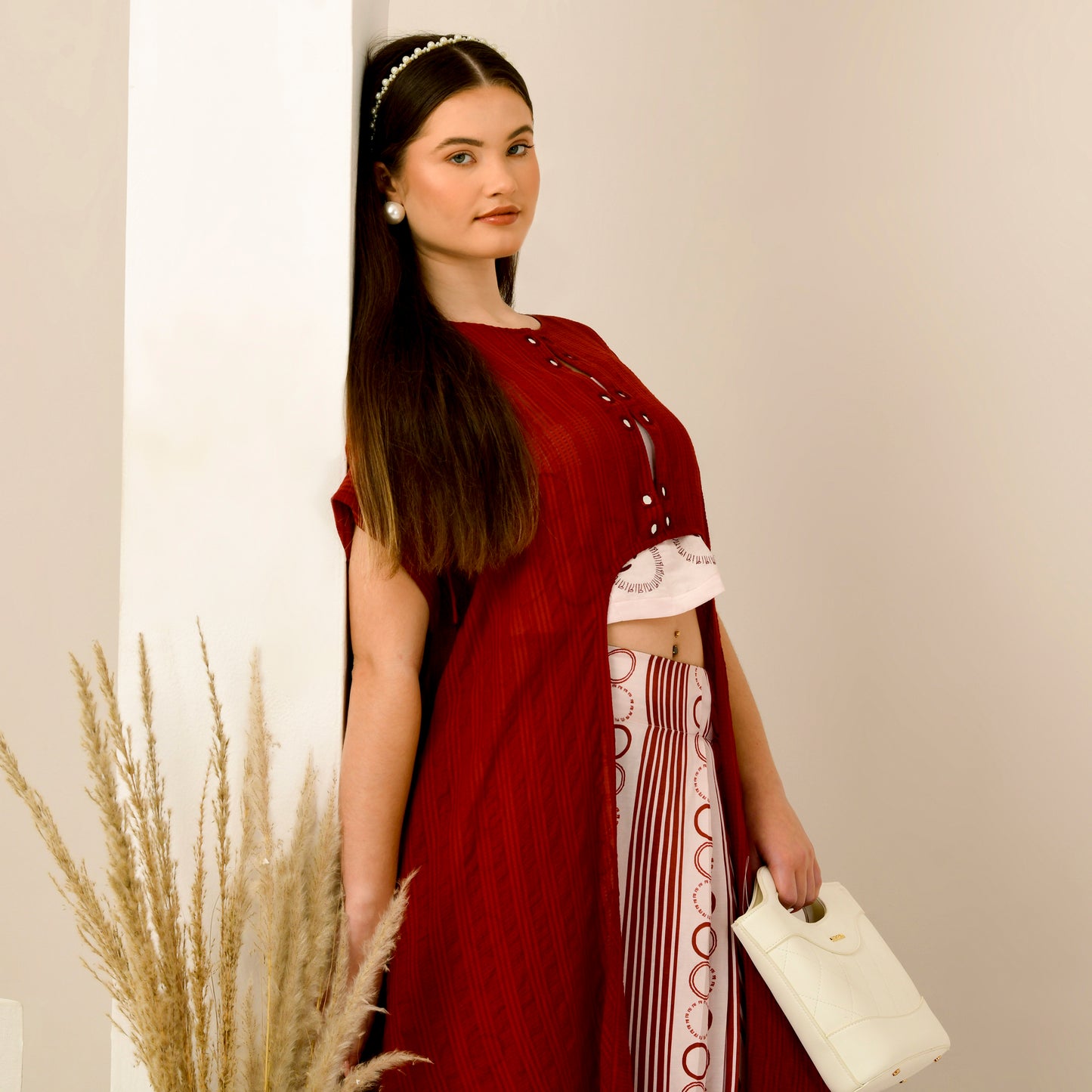 Pink and Red Hand Embroidered Cover-Up and Crop Top with Powerful Stripe Print Full Length Skirt Set